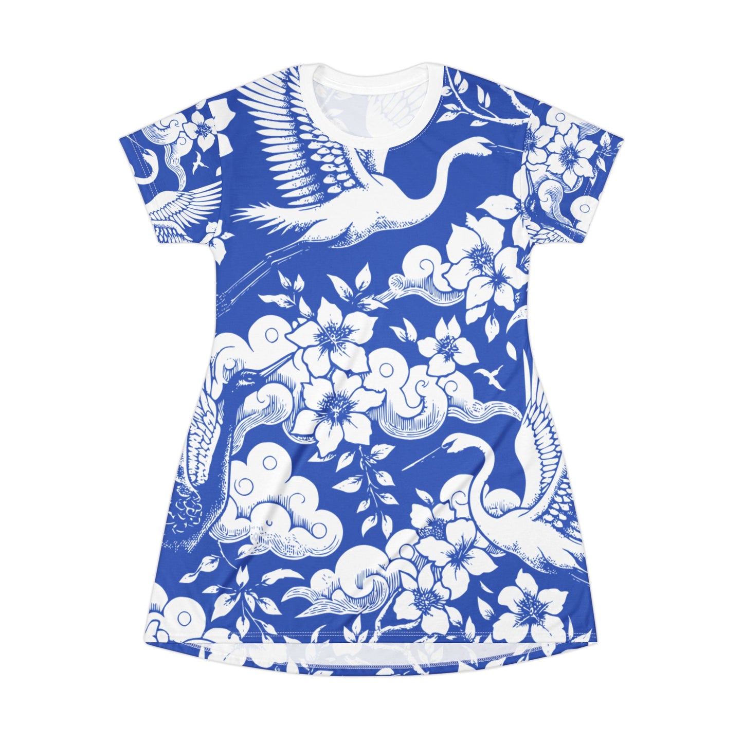 Elegant Floral Crane T-Shirt Dress | Boho Fashion, Casual Wear, Summer Dress, Beach Outfit, Gift for Her