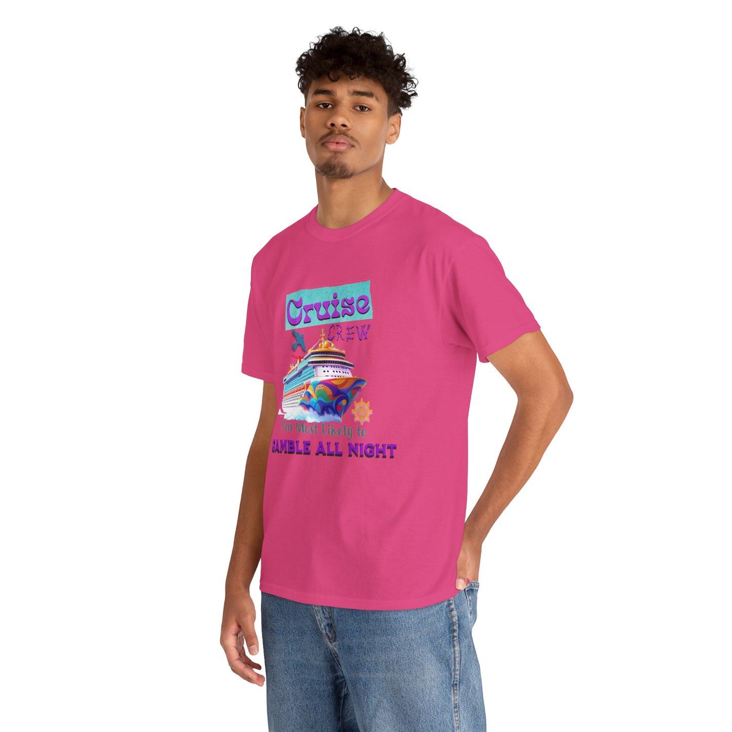 Cruise Crew Heavy Cotton Tee - Gamble All Night, Vacation Shirt, Cruise Wear, Fun Travel Outfit, Summer Party Top, Gambler's T-Shirt