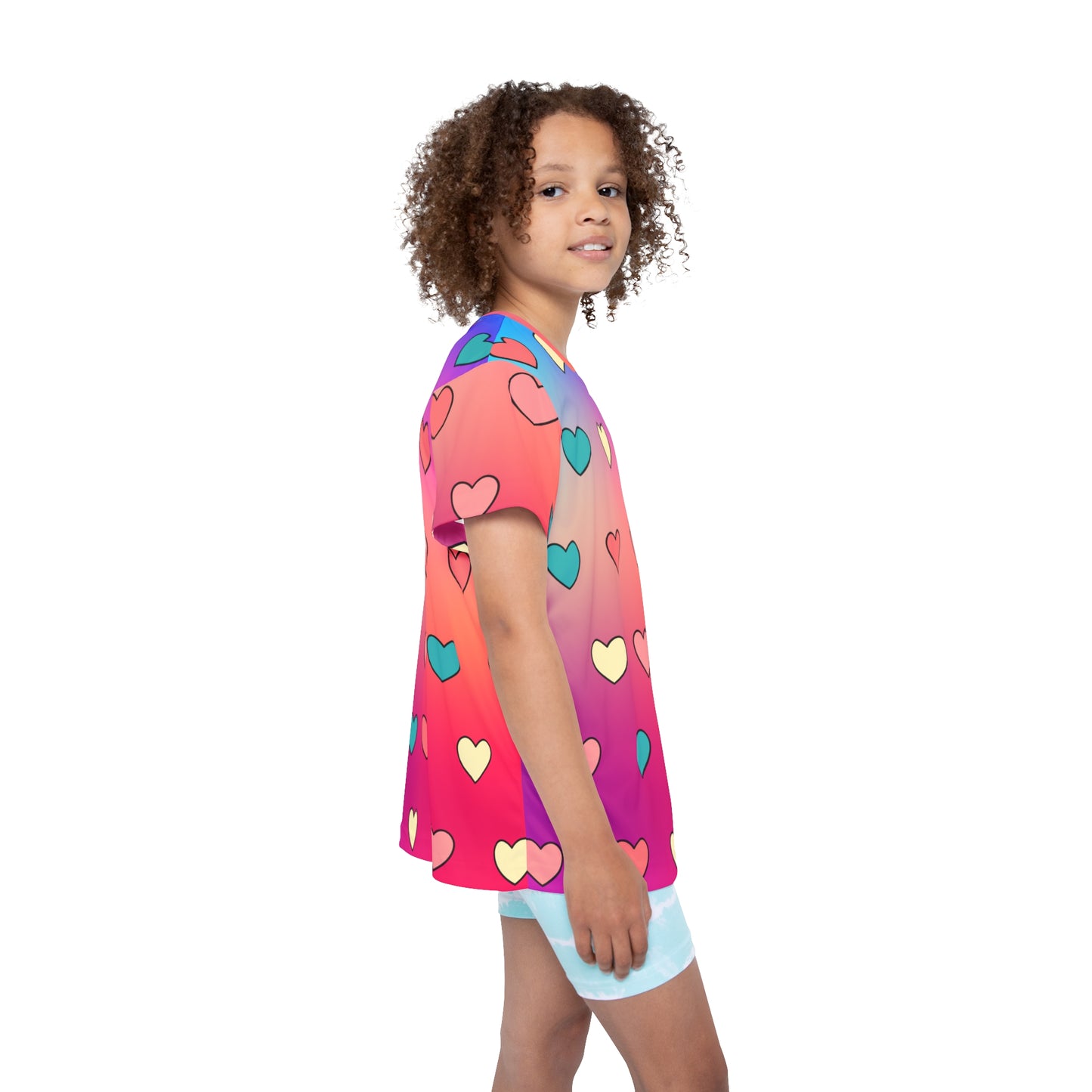 Colorful Heart Girls Sports Jersey, Fun & Playful Activewear, Cute Heart Print Top for Girls,