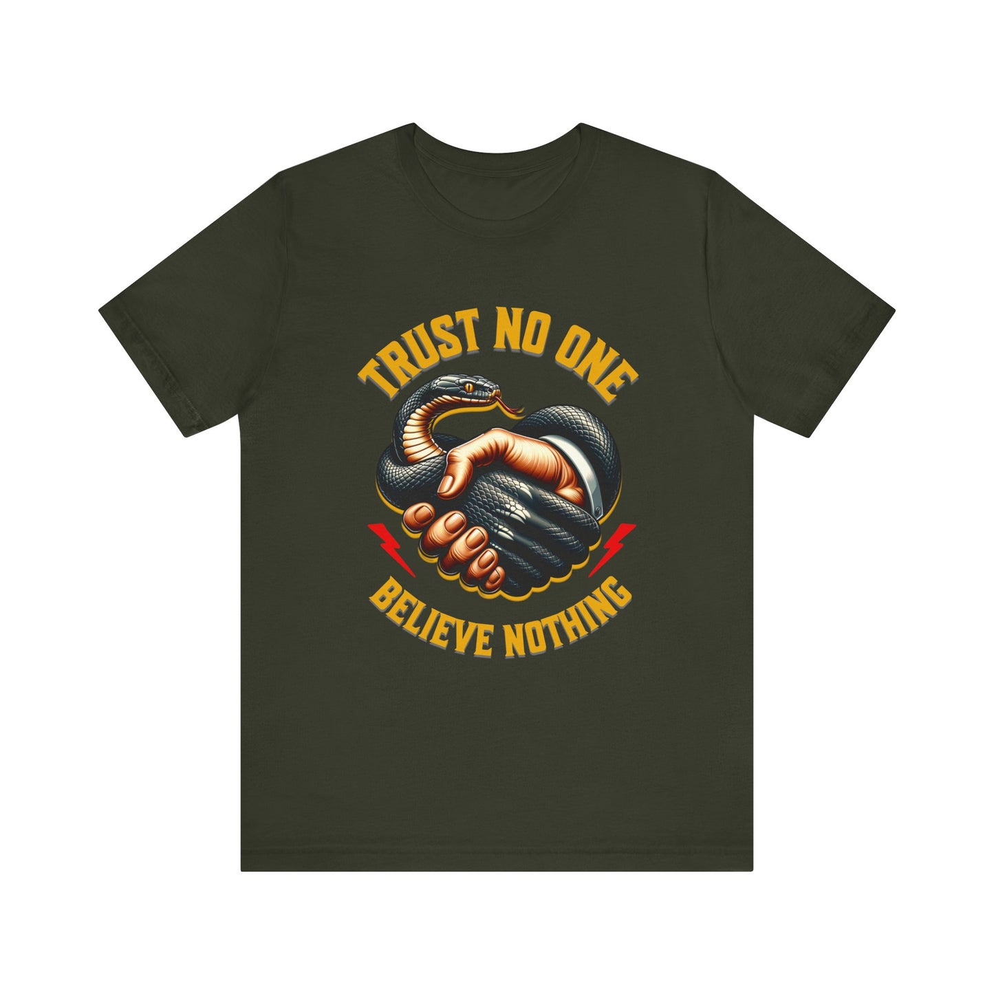 Trust No One, Bold Snake Handshake Design, Unisex Democracy T-Shirts, Goth Snake Image Shirt, Snake Image Shirt for Snake Lovers