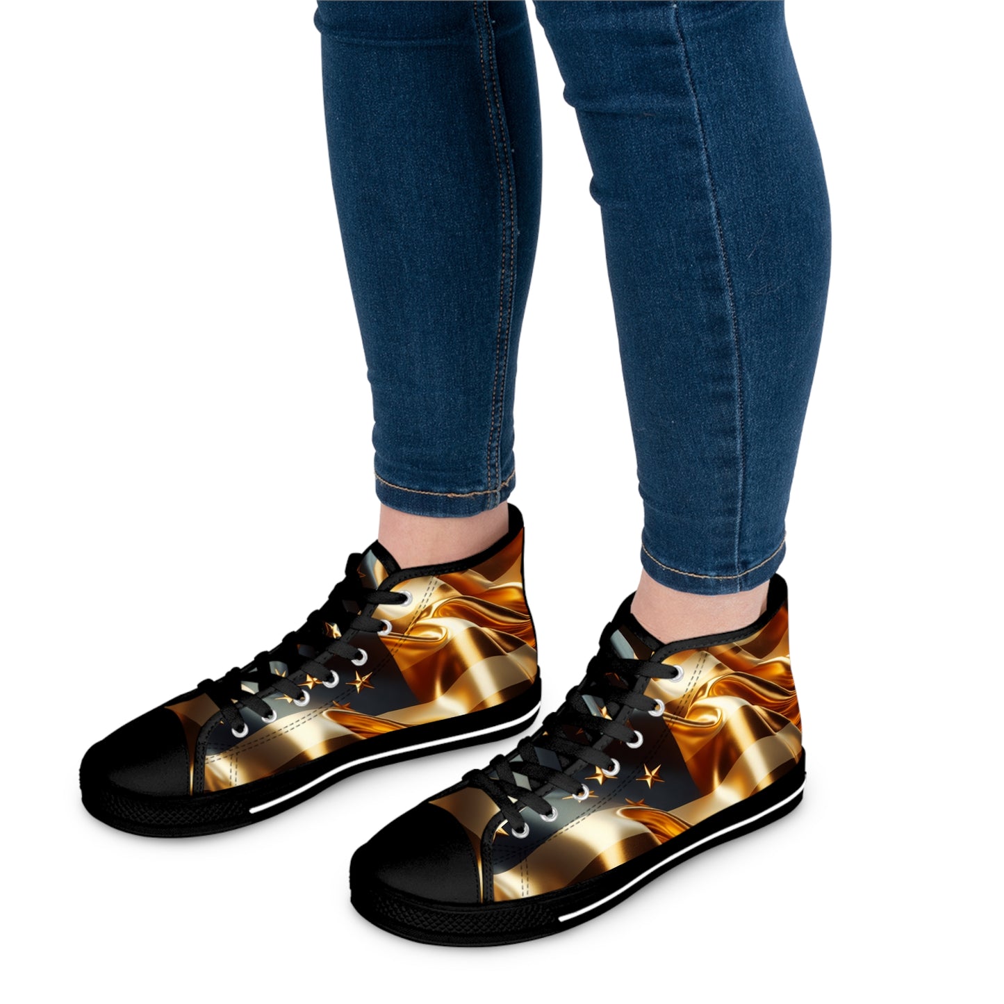 Patriotic High-Top Sneakers, Stylish Sneakers for Women, Gold Americana Footwear, Women Festival Shoes, Perfect for Summer Events