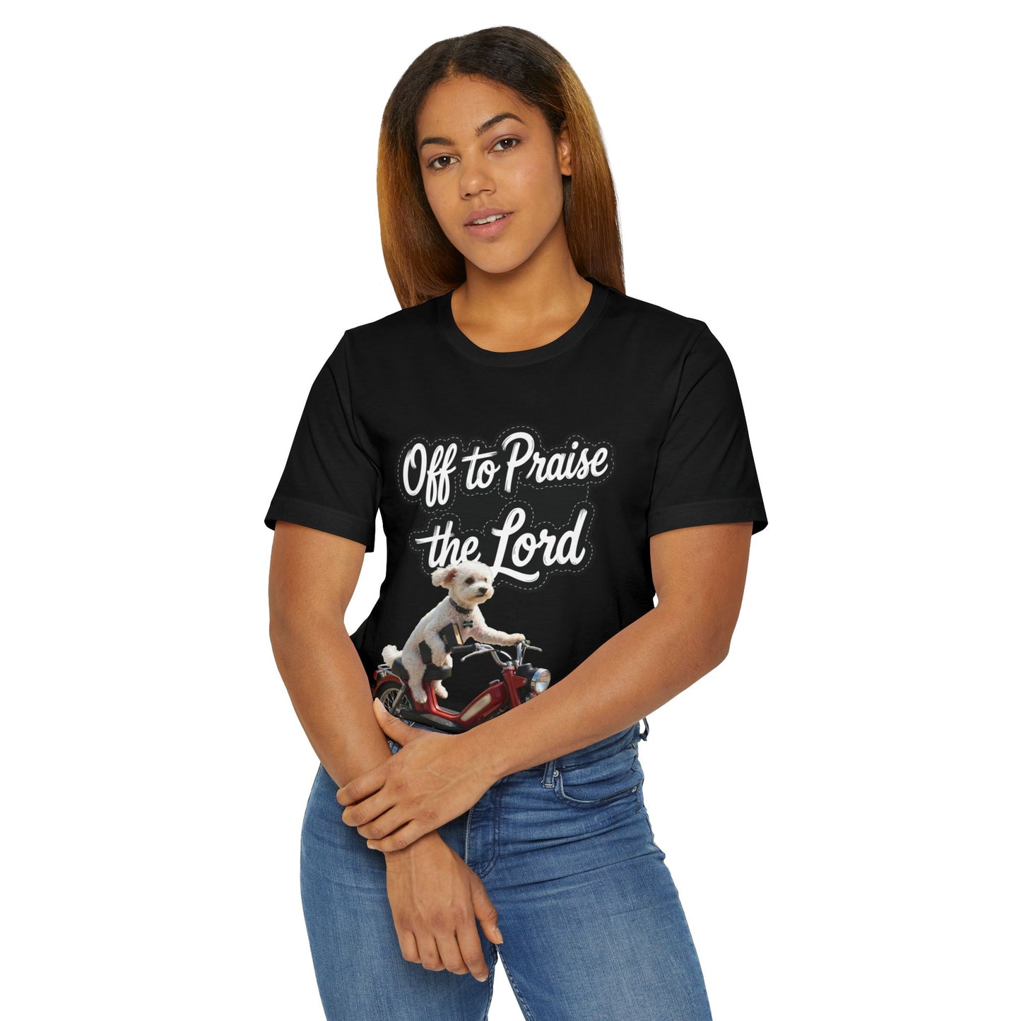 Personalized T-Shirt — "Off to Praise the Lord" Dog on Motorcycle Graphic