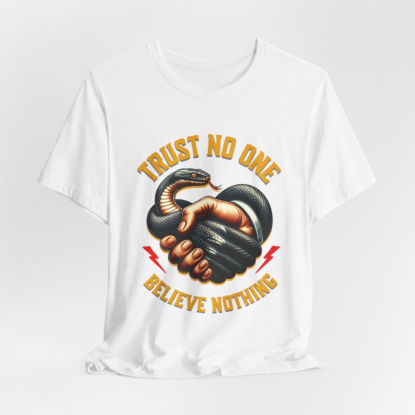 Trust No One, Bold Snake Handshake Design, Unisex Democracy T-Shirts, Goth Snake Image Shirt, Snake Image Shirt for Snake Lovers