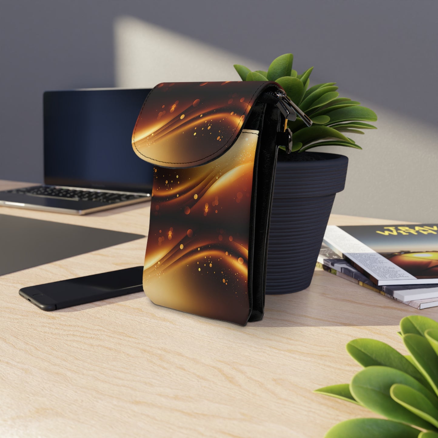 Elegant Small Cell Phone Wallet with Stylish Strap - Perfect for On-the-Go Convenience, Brown Black and Gold Cellphone Clutch