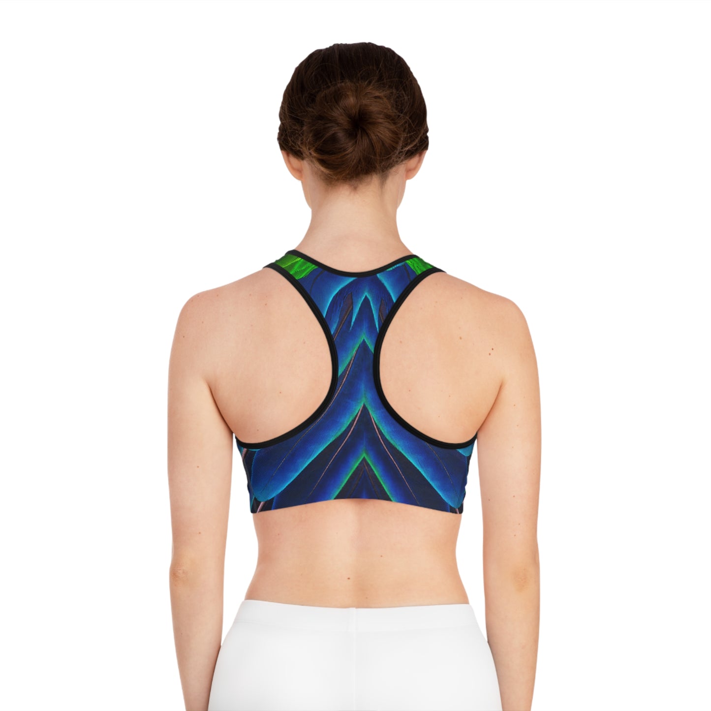 Vibrant Peacock Feather Print Sports Bra for Active Women, Cute Peacock Print Sports Bra, Matching Leggings Sold Separately