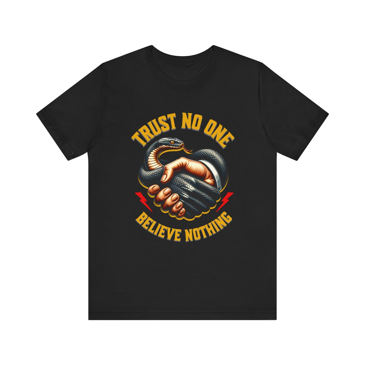 Trust No One, Bold Snake Handshake Design, Unisex Democracy T-Shirts, Goth Snake Image Shirt, Snake Image Shirt for Snake Lovers