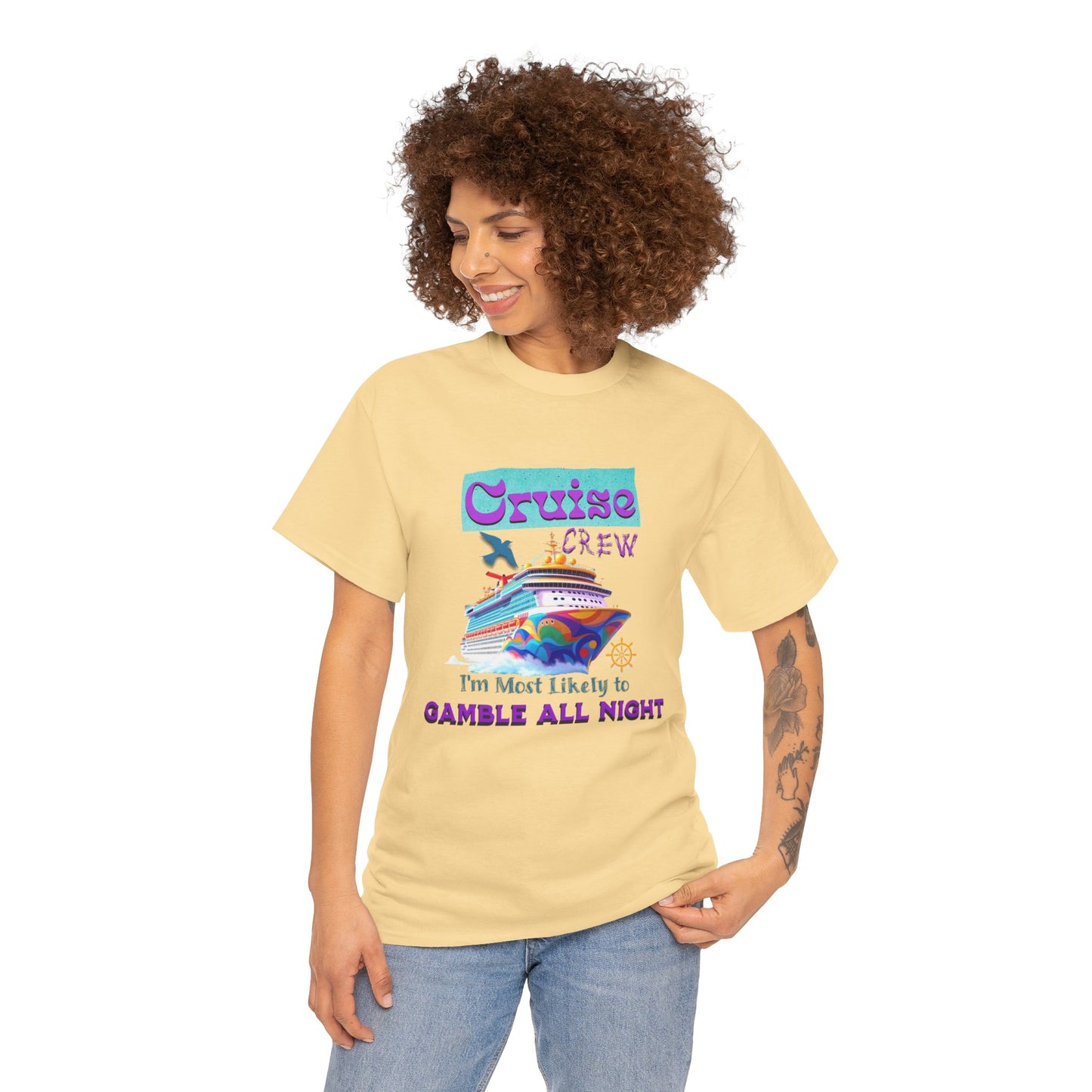 Cruise Crew Heavy Cotton Tee - Gamble All Night, Vacation Shirt, Cruise Wear, Fun Travel Outfit, Summer Party Top, Gambler's T-Shirt