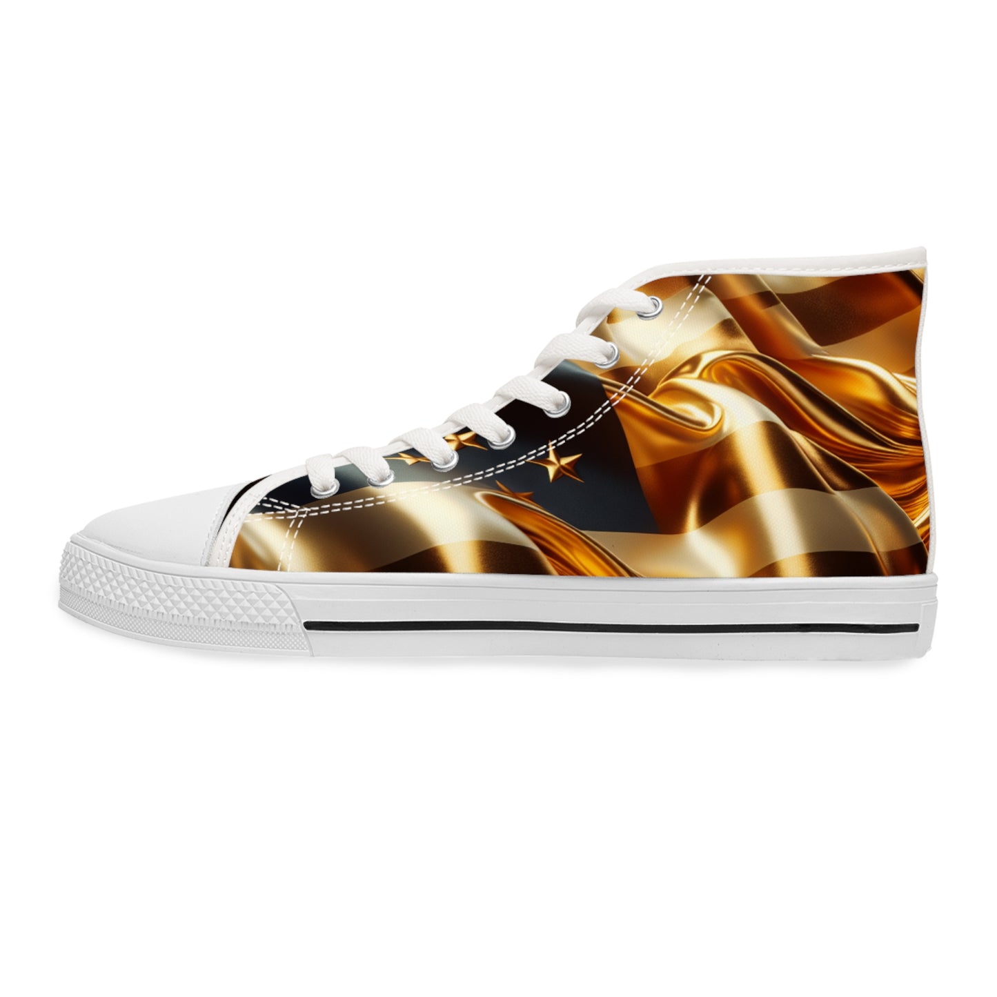 Patriotic High-Top Sneakers, Stylish Sneakers for Women, Gold Americana Footwear, Women Festival Shoes, Perfect for Summer Events