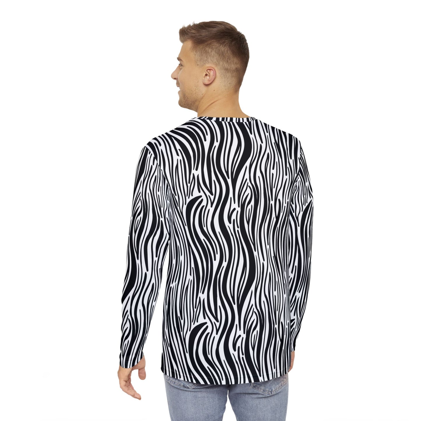 Men's Zebra Print Long Sleeve Black and White Print Shirt (AOP), Zebra Print T-Shirt for Men 100% Polyester, Light Fabric Tees