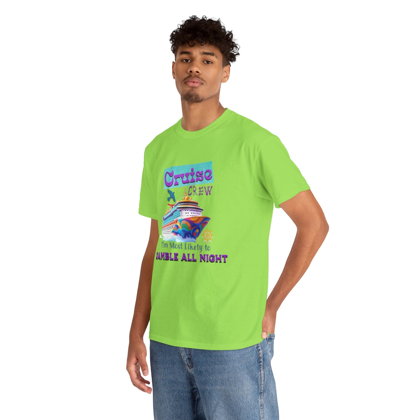 Cruise Crew Heavy Cotton Tee - Gamble All Night, Vacation Shirt, Cruise Wear, Fun Travel Outfit, Summer Party Top, Gambler's T-Shirt