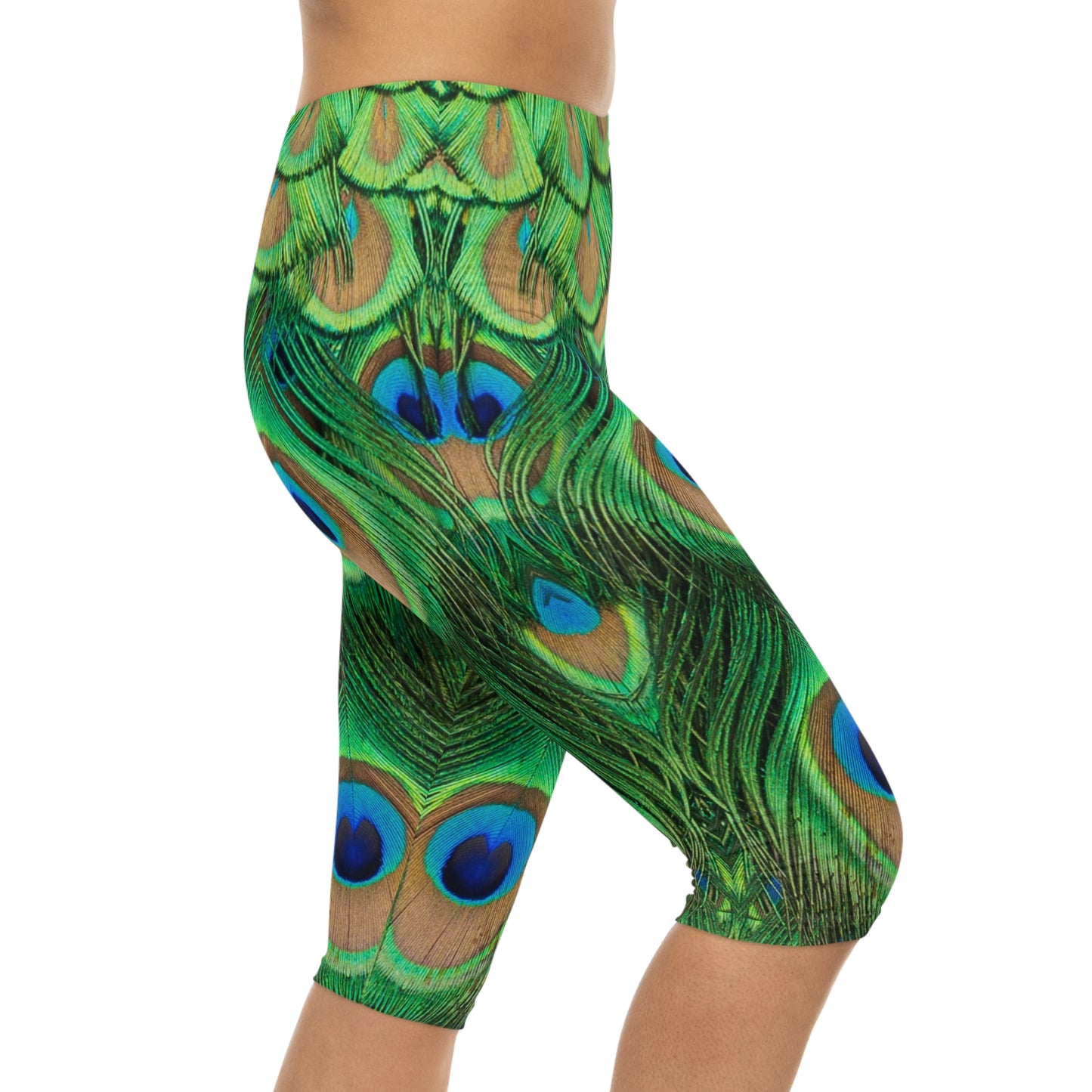Peacock Pattern Women's Capri Leggings, Stylish & Comfortable Activewear, Cute Women Capri Leggings, Peacock Lover Merch