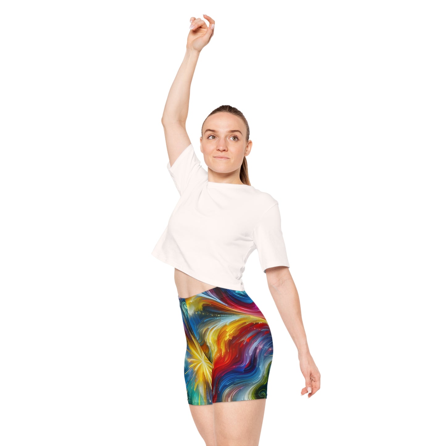 Colorful Women's Cosmic Biker Shorts - High Waist Fun Activewear, Stylish Fitness Summer Vibes, Festival Fashion, Trendy Athleisure Shorts