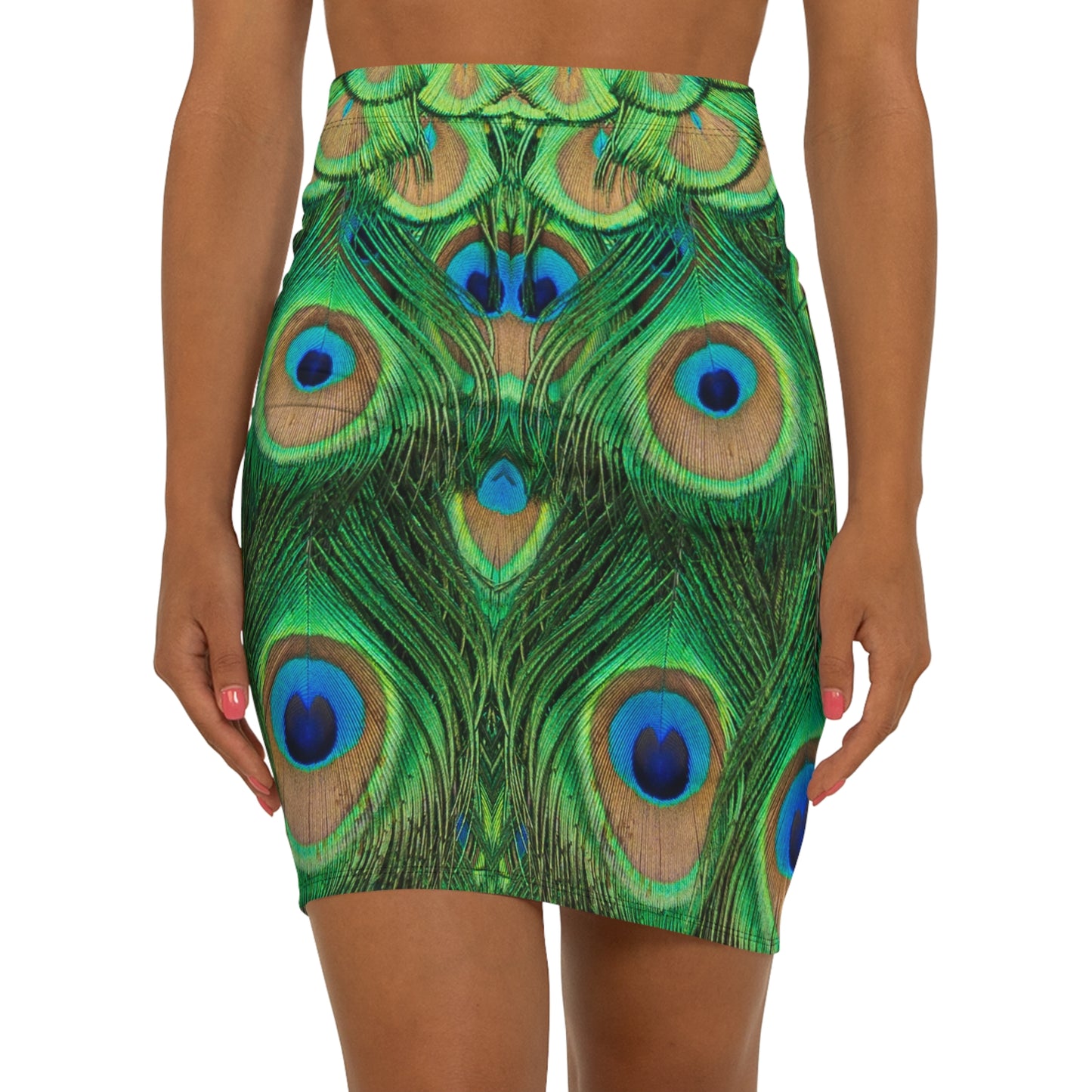 Peacock Print Women's Mid-Waist Pencil Skirt, Stylish Peacock Print & Vibrant Fashion for Women, Peacock Lover Merch