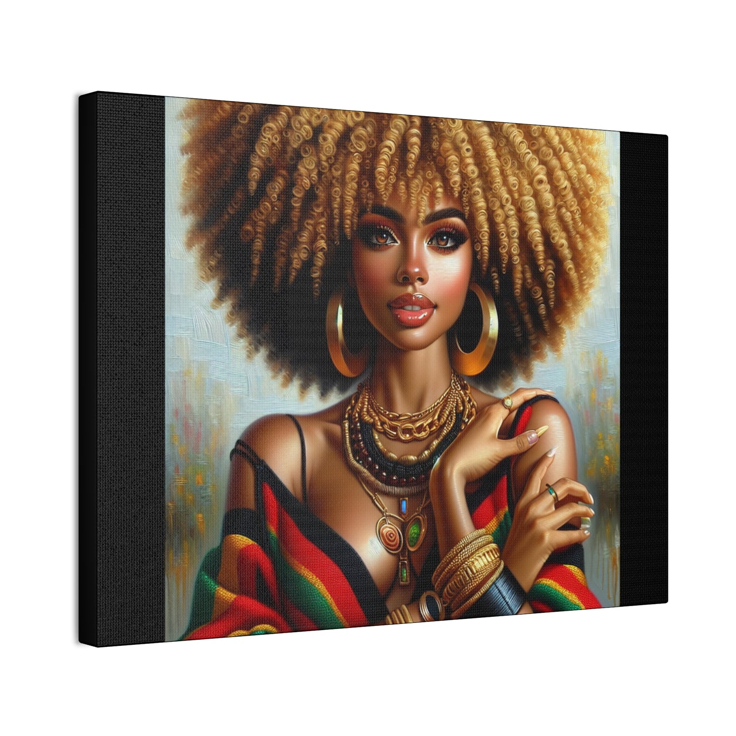Stretched Canvas Art Print – Afrocentric Portrait, Black Woman Confidence Canvas Art in Afrocentric Colors, 92 % Women Merchandise
