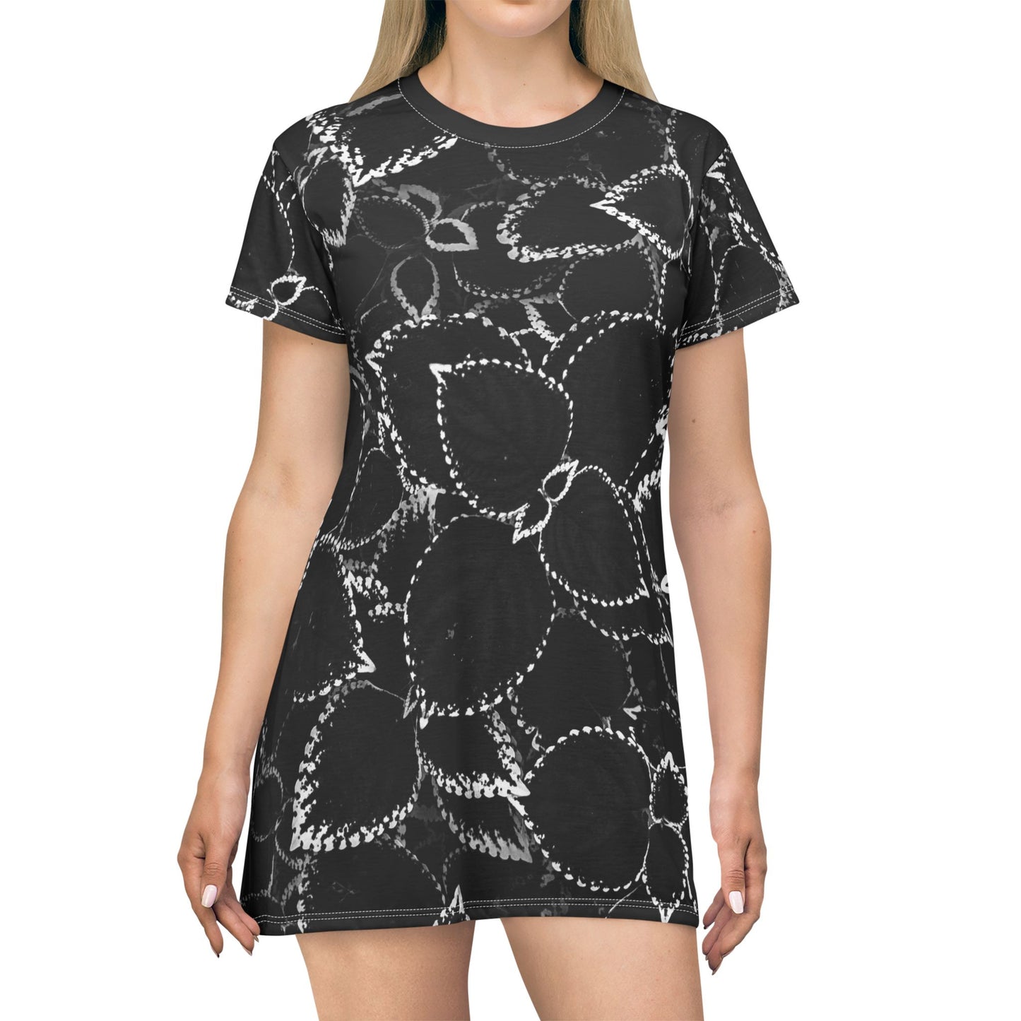 Black Leaf Print T-Shirt Dress, Cute T-Shirt Dress for Women, Black and White T-Shirt Dress, Semi-Casual Dress for Any Occasion