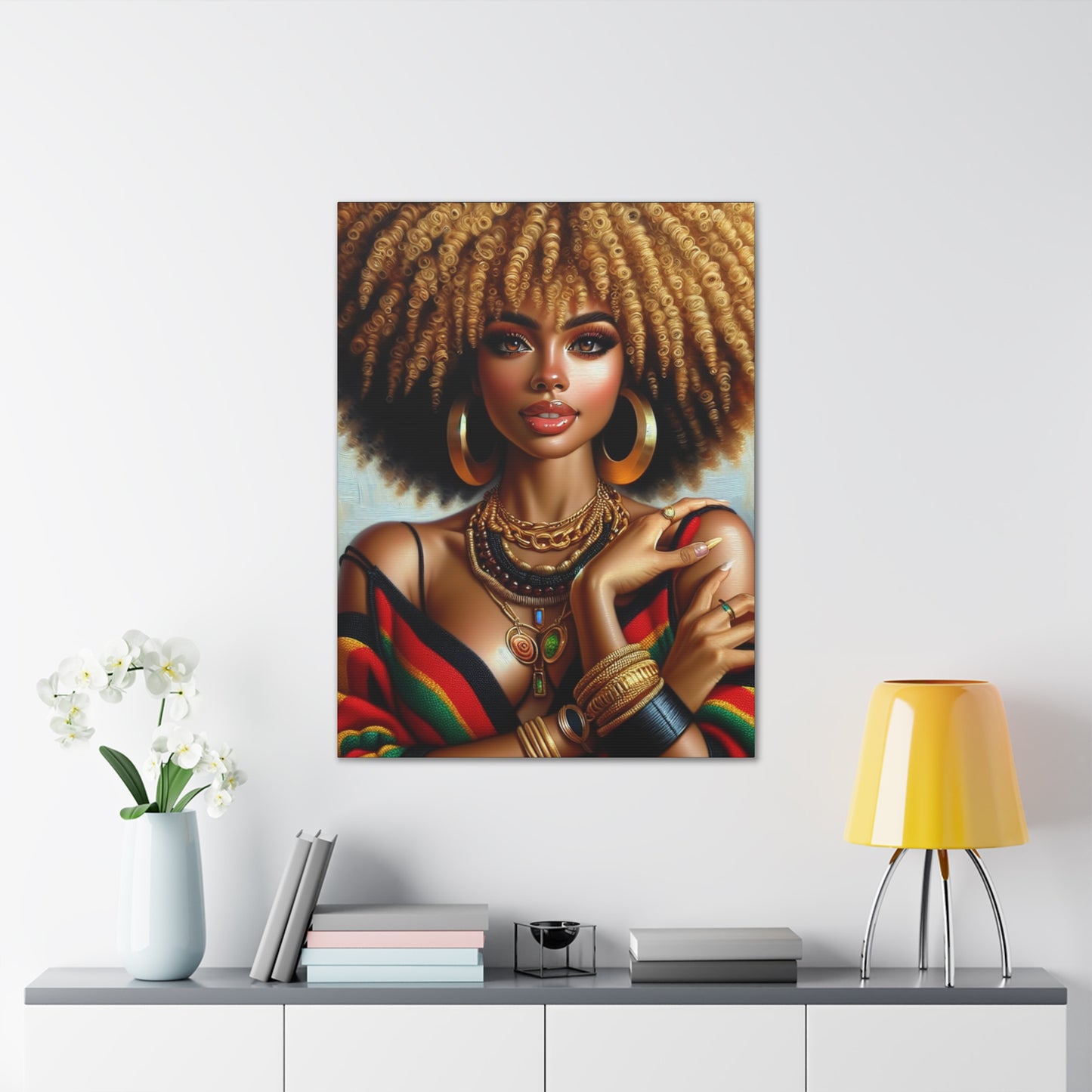 Vibrant Afrocentric Canvas Art, Fine Black Art Print, Beautiful Black Woman in Afrocentric Colors Canvas Photo,