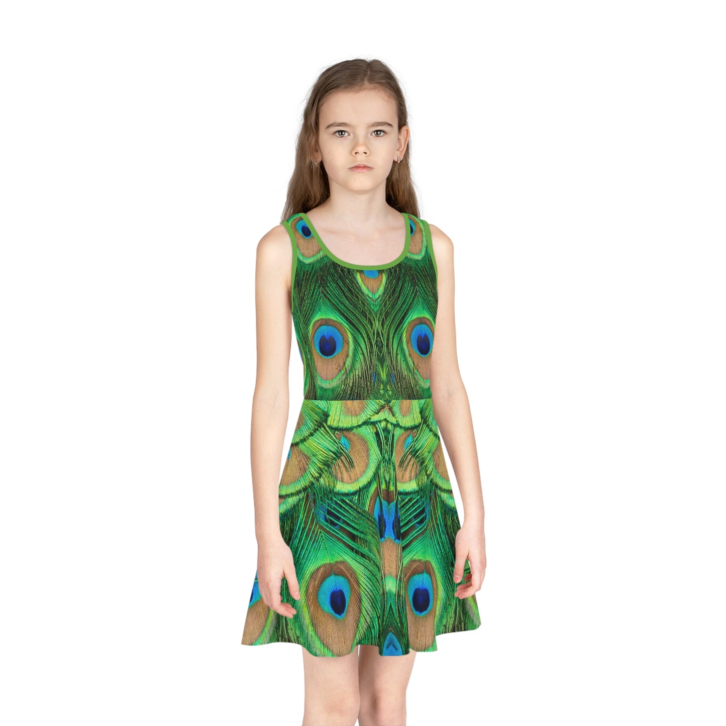 Vibrant Peacock Print Girls' Sleeveless Sundress - Perfect for Summer Parties & Playdates, Cute Peacock Dress for Girls Sizes 2T to XL