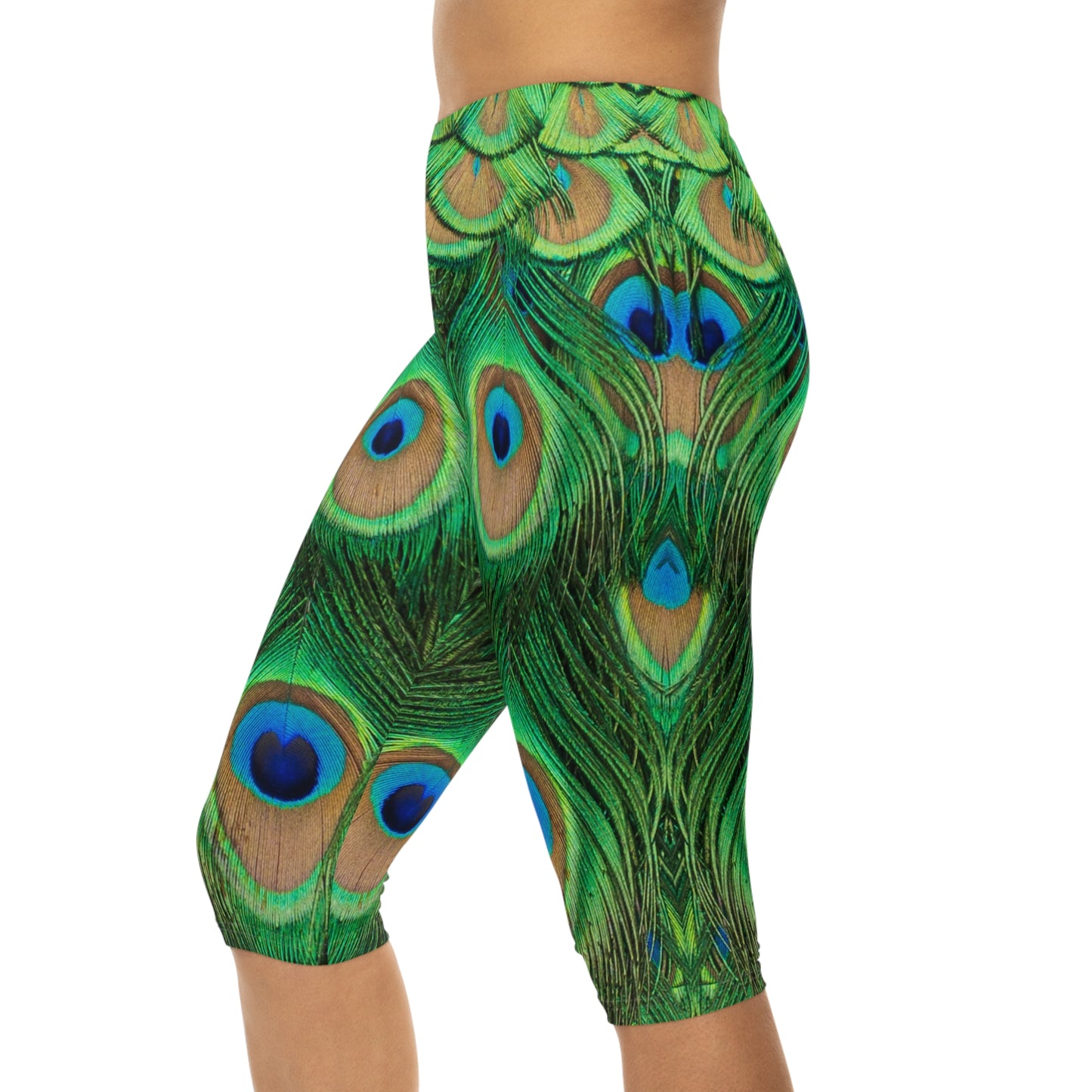Peacock Pattern Women's Capri Leggings, Stylish & Comfortable Activewear, Cute Women Capri Leggings, Peacock Lover Merch