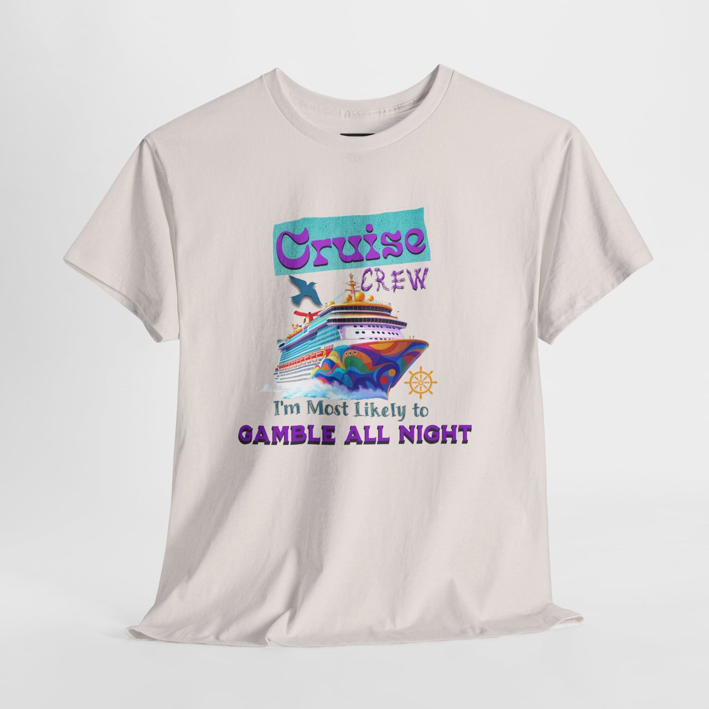 Cruise Crew Heavy Cotton Tee - Gamble All Night, Vacation Shirt, Cruise Wear, Fun Travel Outfit, Summer Party Top, Gambler's T-Shirt
