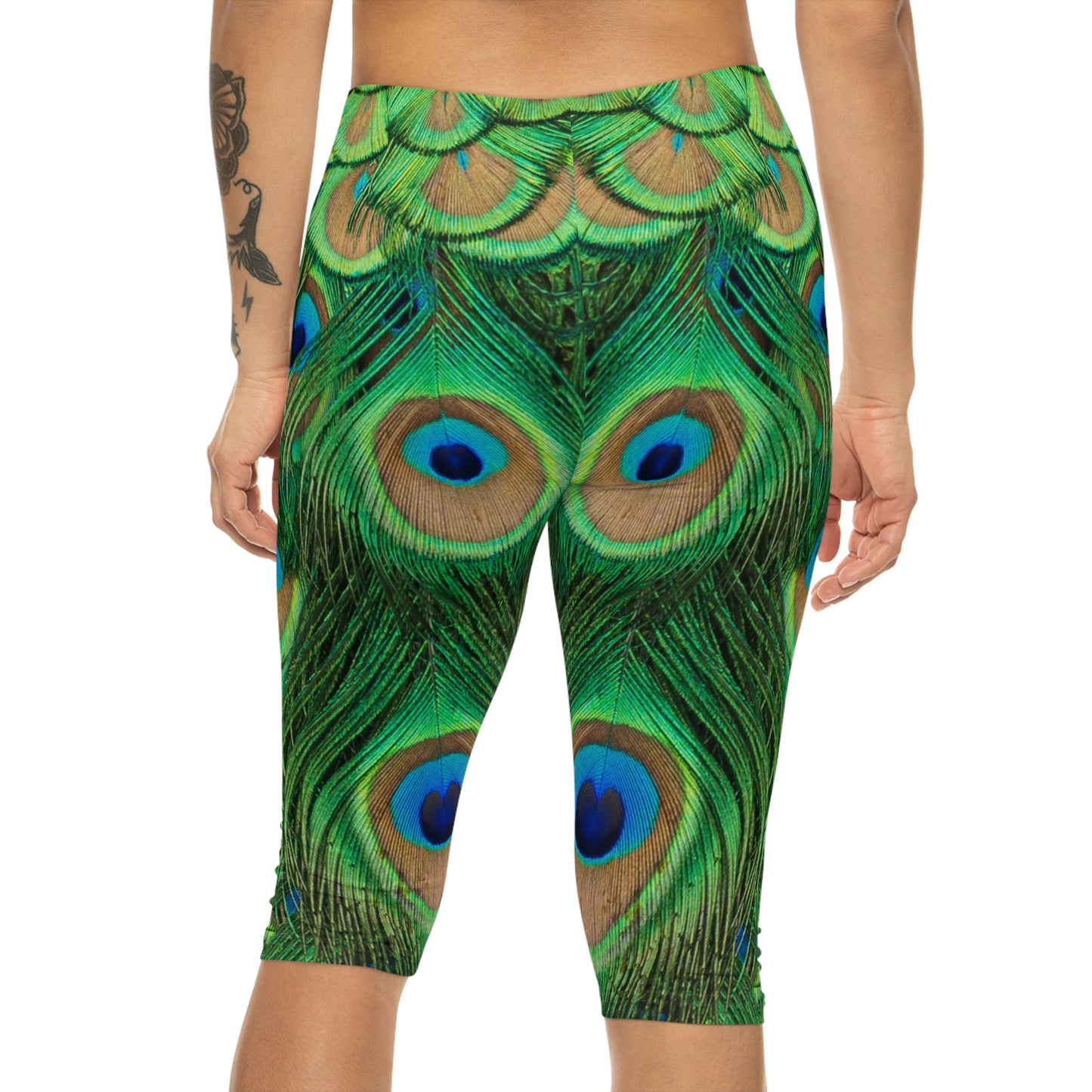 Peacock Pattern Women's Capri Leggings, Stylish & Comfortable Activewear, Cute Women Capri Leggings, Peacock Lover Merch