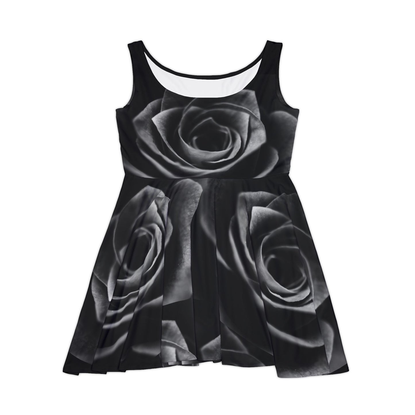 Women's Black Rose Print Skater Dress, Black T-Shirt Skater Dress for Women, Cute Black Skater Dress for Women
