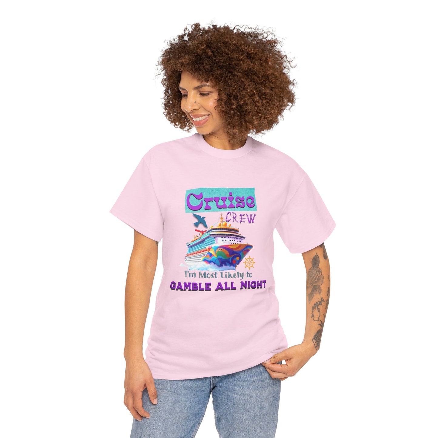 Cruise Crew Heavy Cotton Tee - Gamble All Night, Vacation Shirt, Cruise Wear, Fun Travel Outfit, Summer Party Top, Gambler's T-Shirt