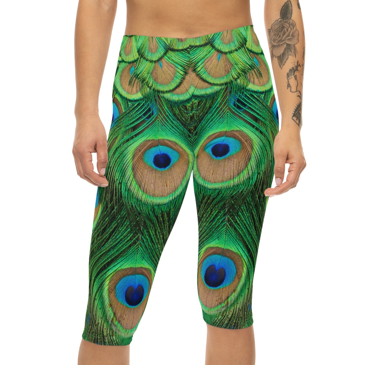 Peacock Pattern Women's Capri Leggings, Stylish & Comfortable Activewear, Cute Women Capri Leggings, Peacock Lover Merch