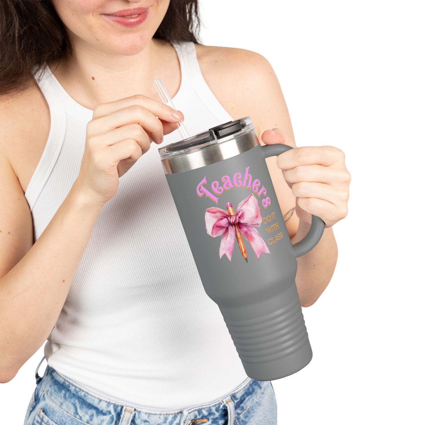 Stylish Insulated Travel Mug for Teachers, Cute 40oz Coquette Teacher Tumbler, Gifts for Educators, Coffee Lover Travel Cup, Back to School Mug Gift