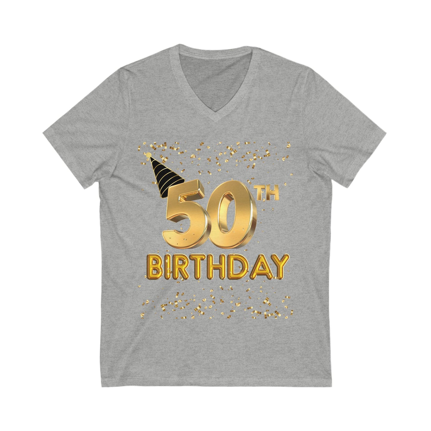 Women 50th Birthday Jersey Short Sleeve V-Neck Tee, Women 50th Birthday Shirt, Gold and Black 50th Birthday T-Shirt