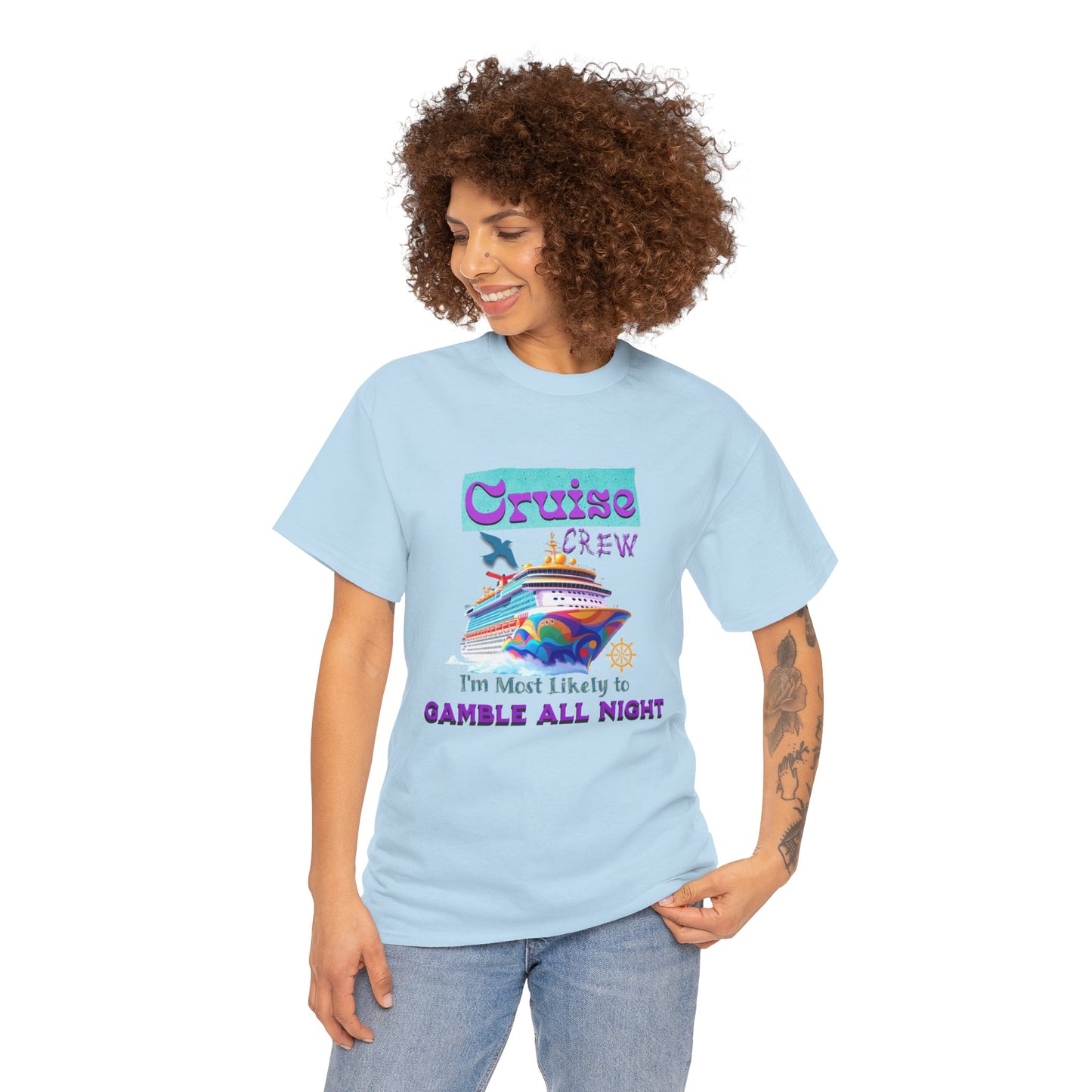 Cruise Crew Heavy Cotton Tee - Gamble All Night, Vacation Shirt, Cruise Wear, Fun Travel Outfit, Summer Party Top, Gambler's T-Shirt