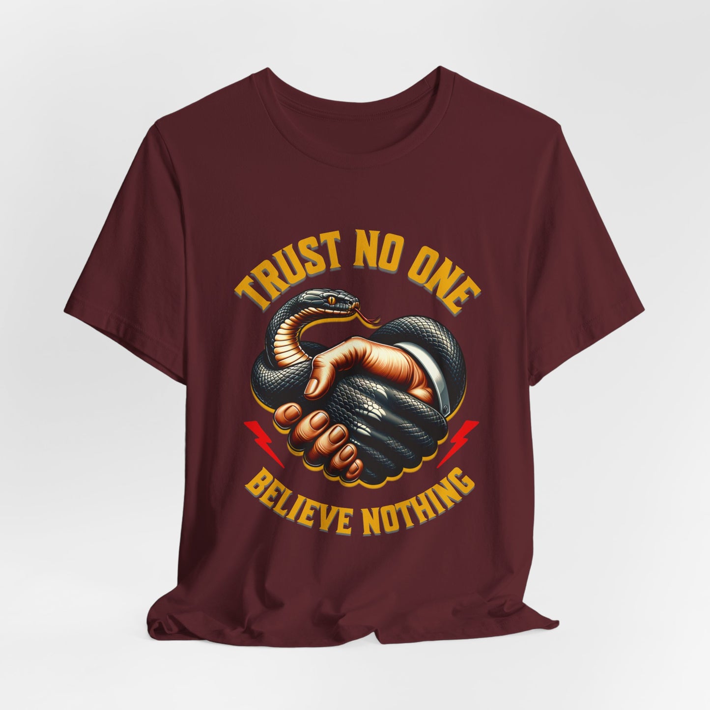 Trust No One, Bold Snake Handshake Design, Unisex Democracy T-Shirts, Goth Snake Image Shirt, Snake Image Shirt for Snake Lovers