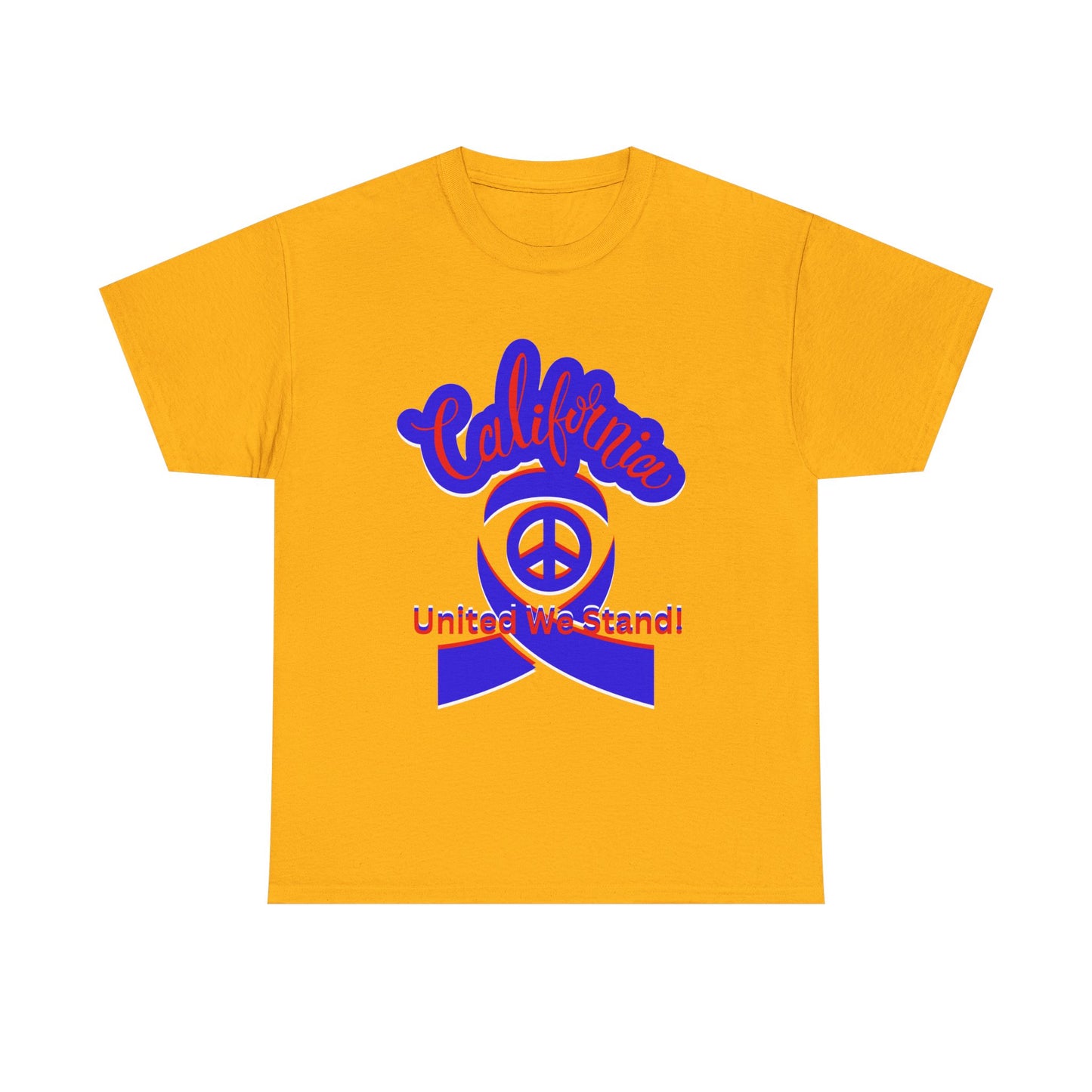 White crew neck t-shirt with 'California Love' and 'United We Stand' text and symbol design in blue.