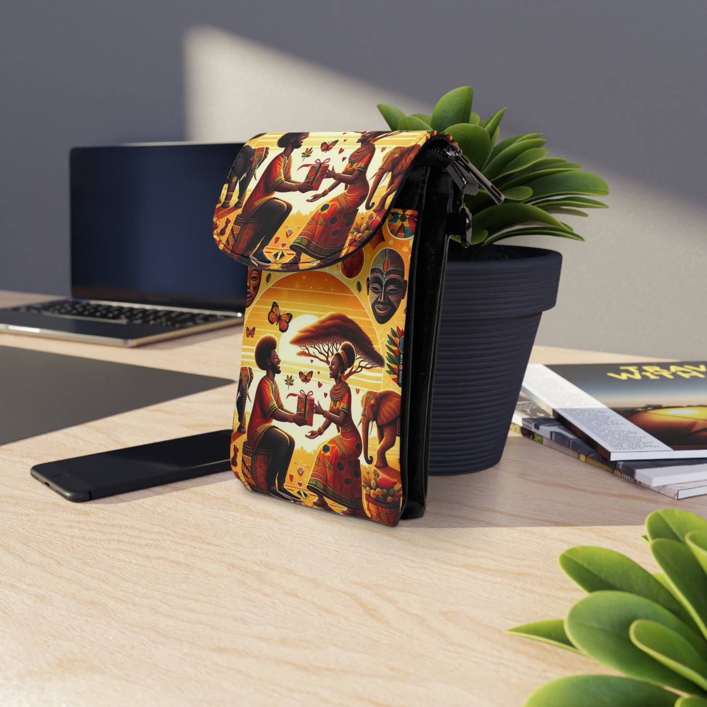 Afrocentric Print Small Cell Phone Wallet, Cross-Body Bag, Faux Leather Bag