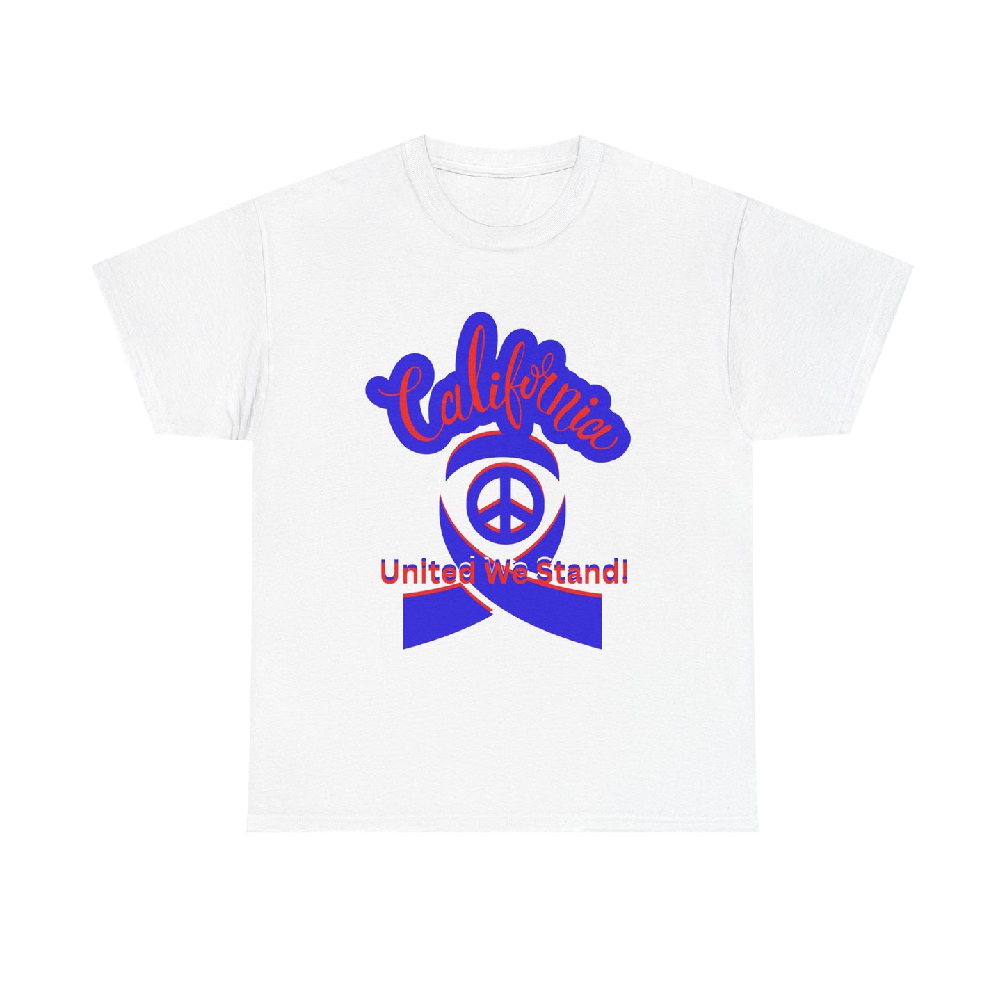 White crew neck t-shirt with 'California Love' and 'United We Stand' text and symbol design in blue.