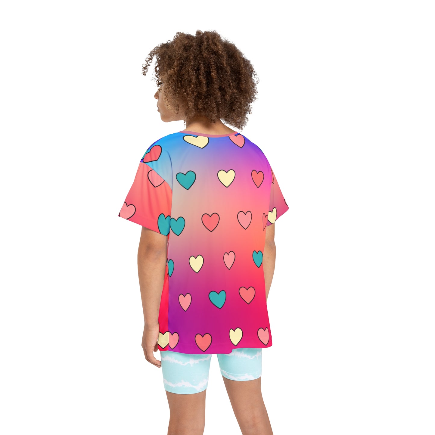 Colorful Heart Girls Sports Jersey, Fun & Playful Activewear, Cute Heart Print Top for Girls,