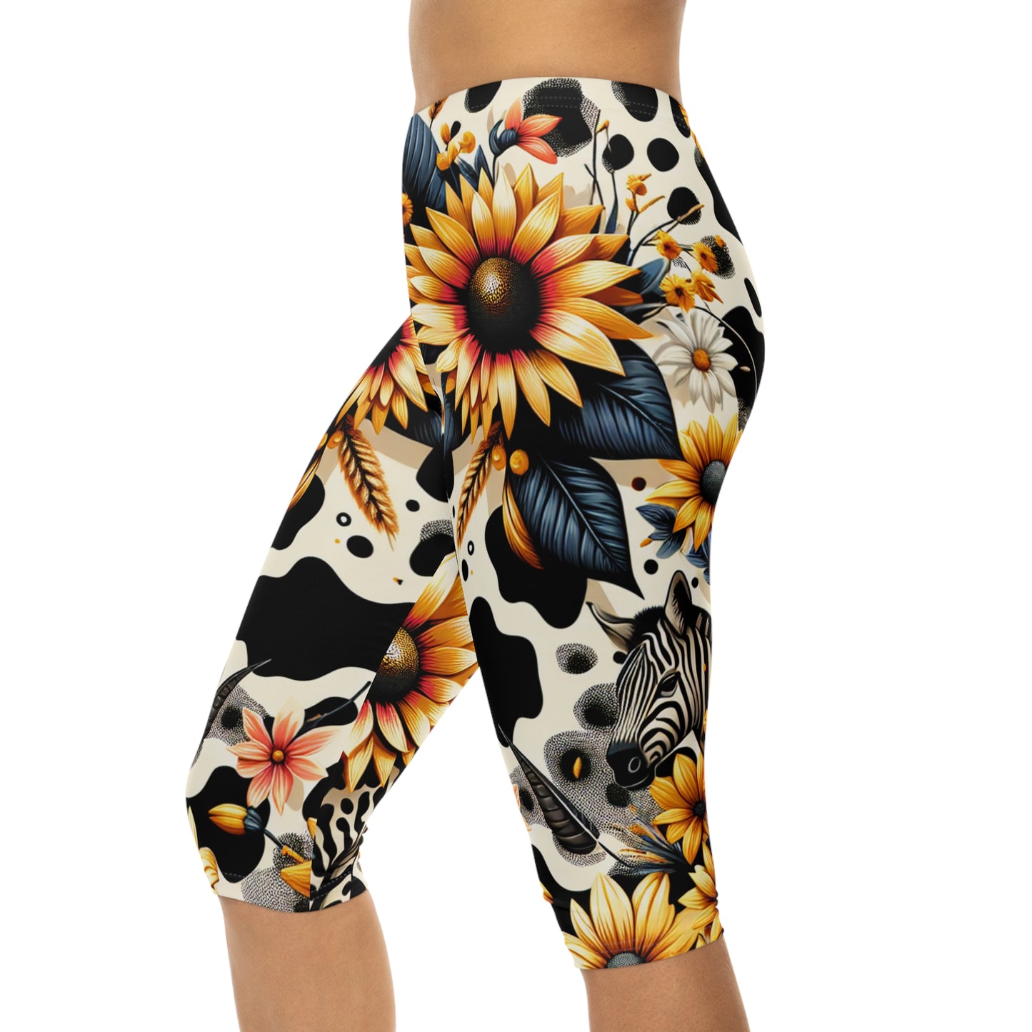 Vibrant Floral Zebra Animal Print Capri Leggings for Women, Stylish Workout Pants, Activewear for Women, Summer Animal Print Yoga Leggings