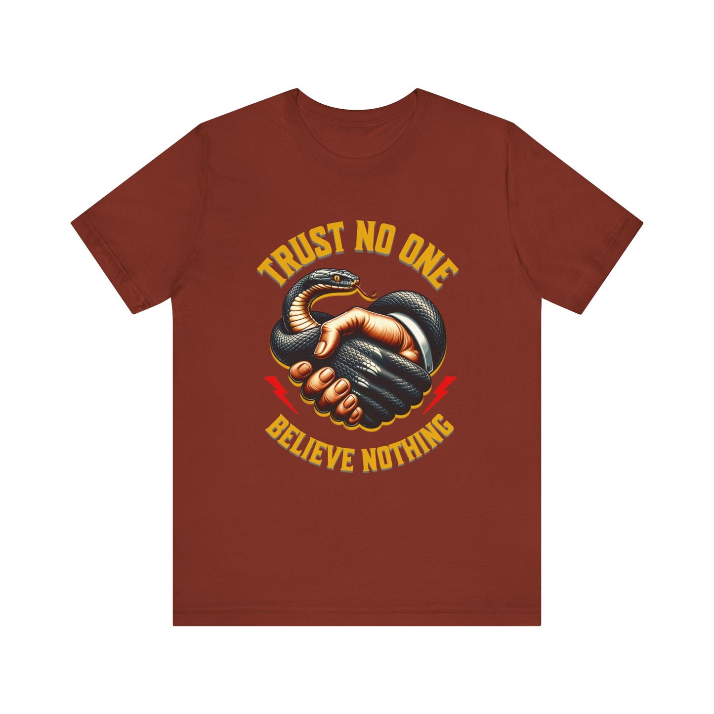 Trust No One, Bold Snake Handshake Design, Unisex Democracy T-Shirts, Goth Snake Image Shirt, Snake Image Shirt for Snake Lovers