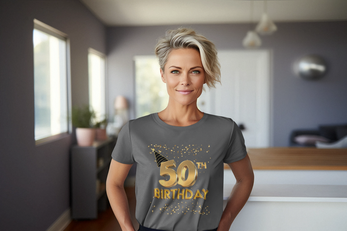 Women 50th Birthday Jersey Short Sleeve V-Neck Tee, Women 50th Birthday Shirt, Gold and Black 50th Birthday T-Shirt