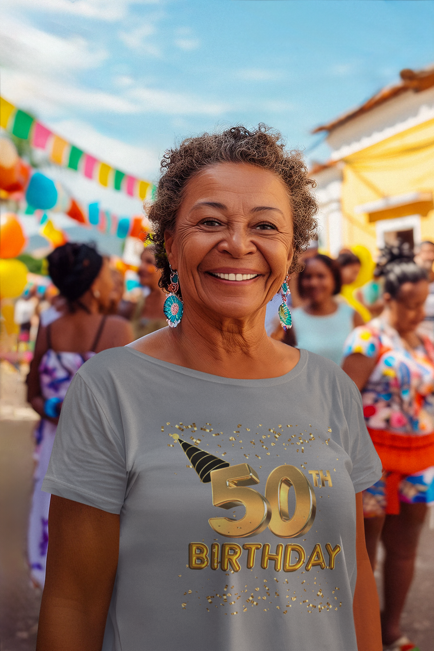 Women 50th Birthday Jersey Short Sleeve V-Neck Tee, Women 50th Birthday Shirt, Gold and Black 50th Birthday T-Shirt