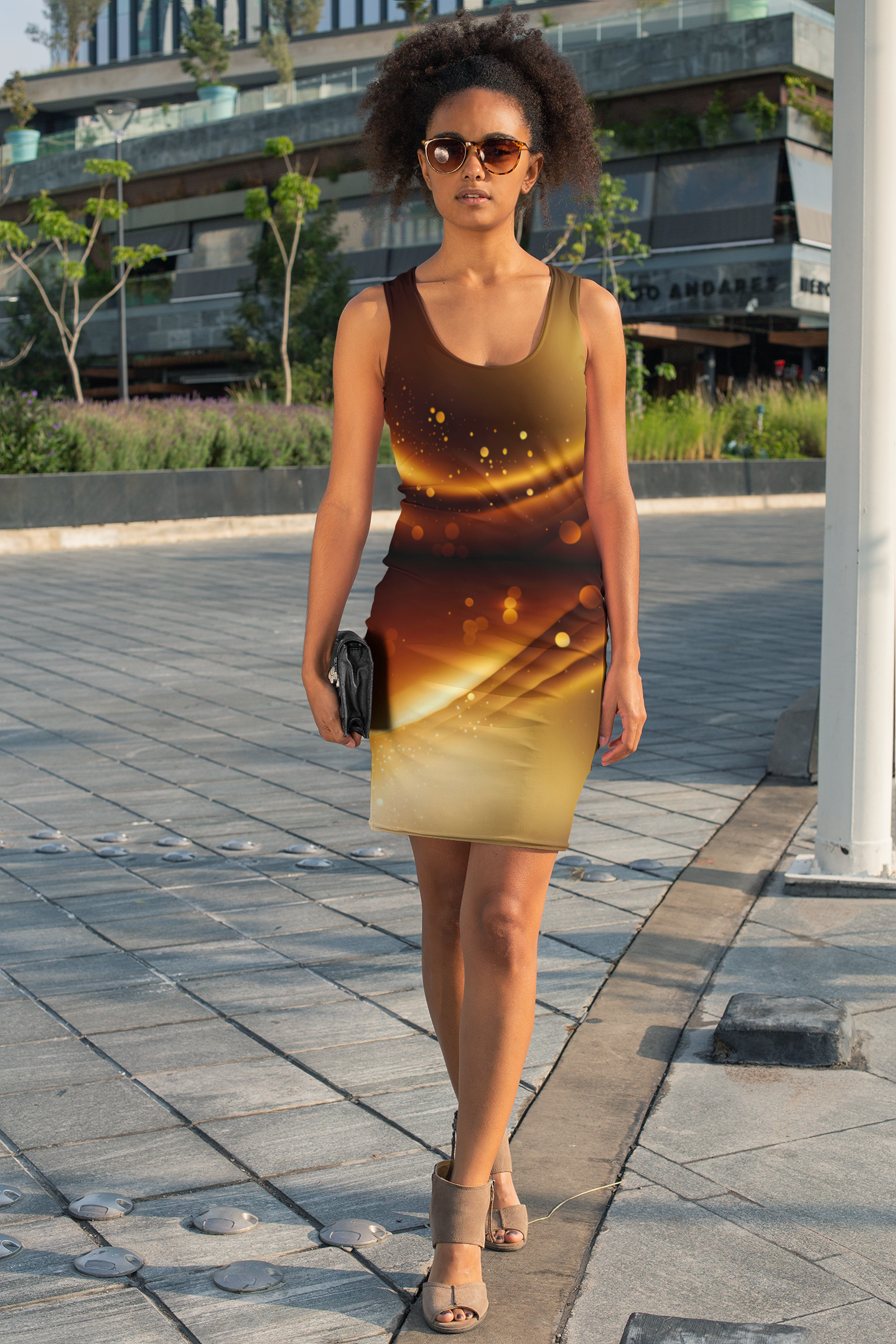 Women's Gold and Brown Print Racerback Dress, Cute Comfortable Women's T-Shirt Dress, From Casual to Corporate T-Shirt Dress
