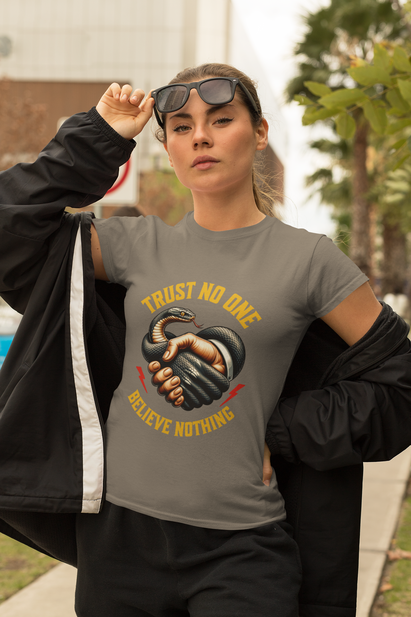 Trust No One, Bold Snake Handshake Design, Unisex Democracy T-Shirts, Goth Snake Image Shirt, Snake Image Shirt for Snake Lovers