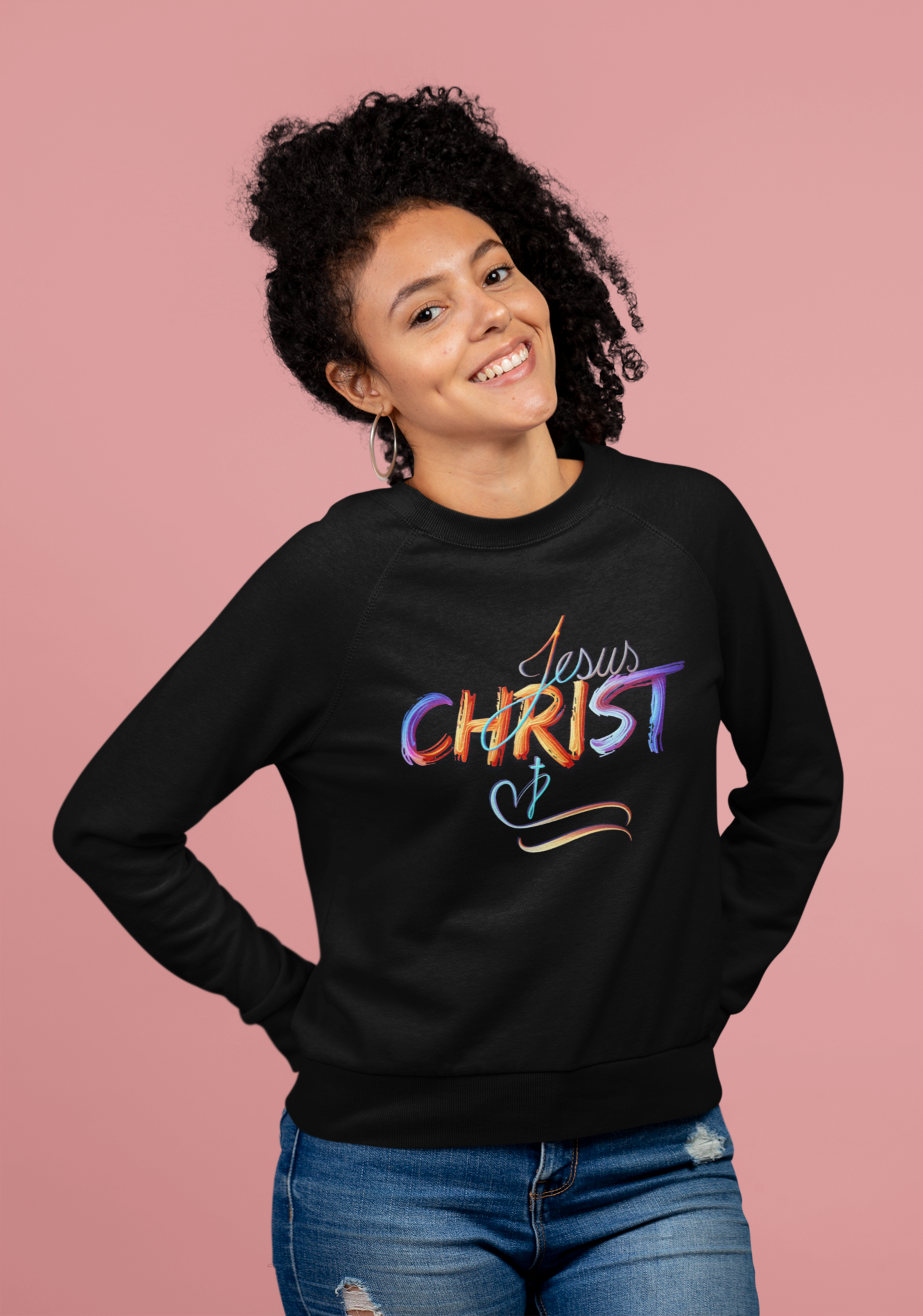 Jesus Christ – Faith & Light Crewneck Sweatshirt, Christian Apparel, Bold Christian Graphics, Christian Gifts, Faith-Based Art, Gospel Merchandise
