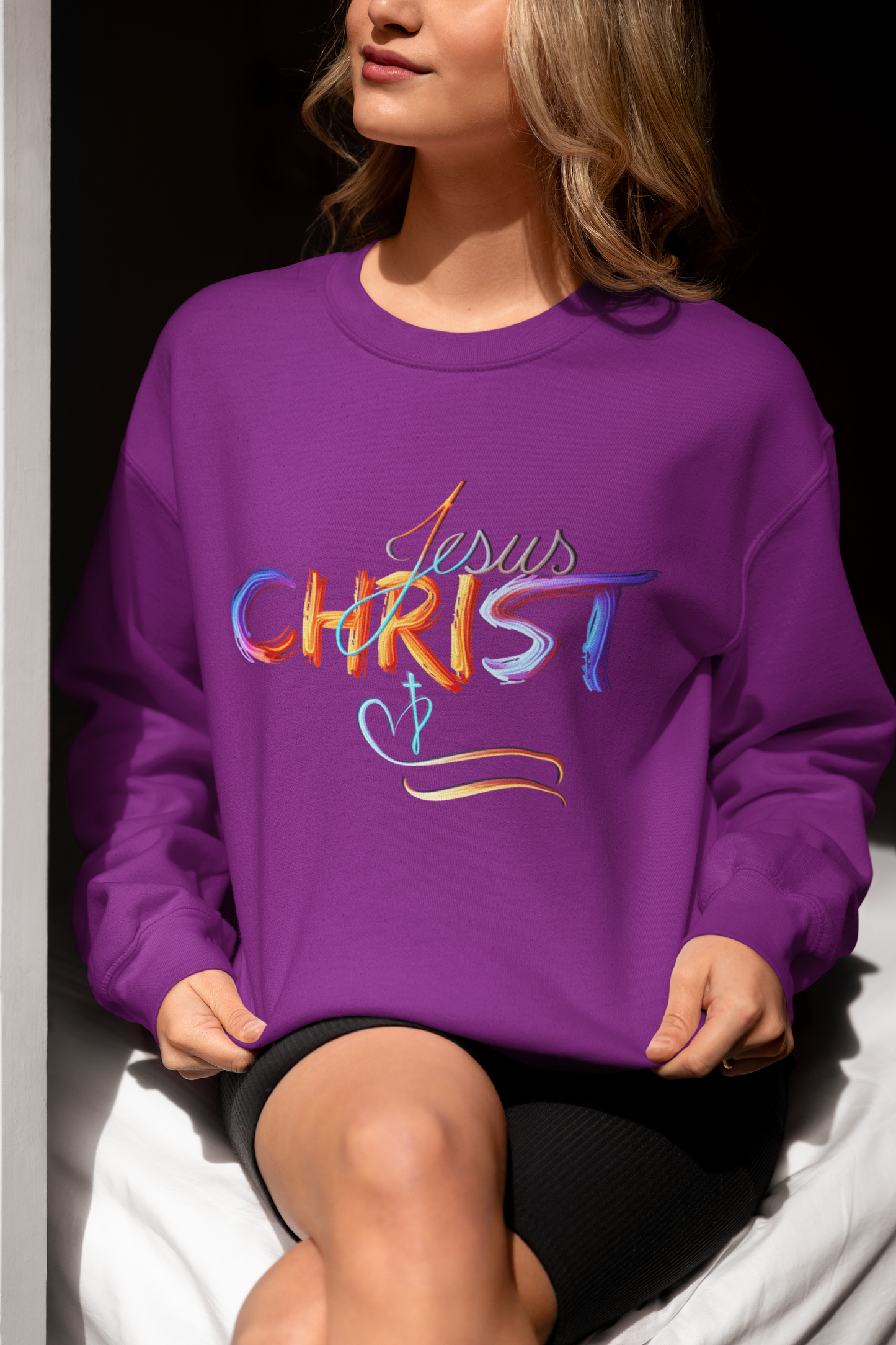 Jesus Christ – Faith & Light Crewneck Sweatshirt, Christian Apparel, Bold Christian Graphics, Christian Gifts, Faith-Based Art, Gospel Merchandise