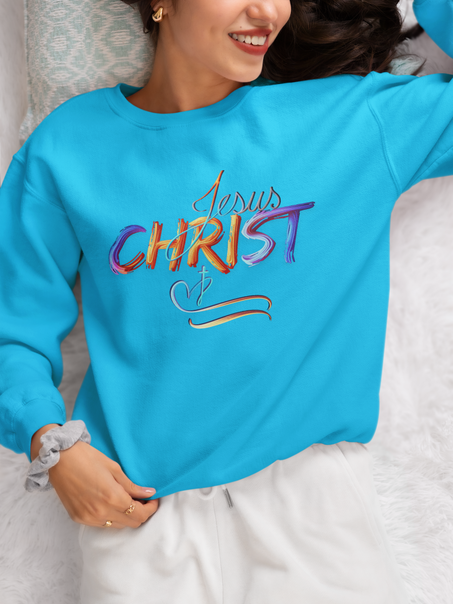 Jesus Christ – Faith & Light Crewneck Sweatshirt, Christian Apparel, Bold Christian Graphics, Christian Gifts, Faith-Based Art, Gospel Merchandise