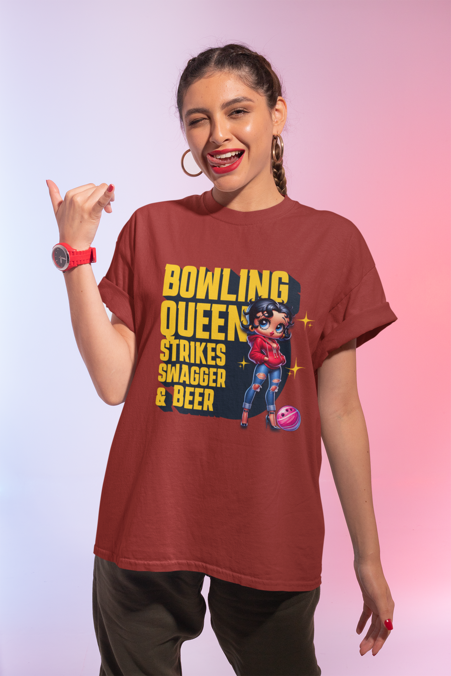 Betty Boop the Bowling Queen T-Shirt, Cute Betty Boop Shirt, Perfect Gift for a Bowler, Strikes Swagger & Beer