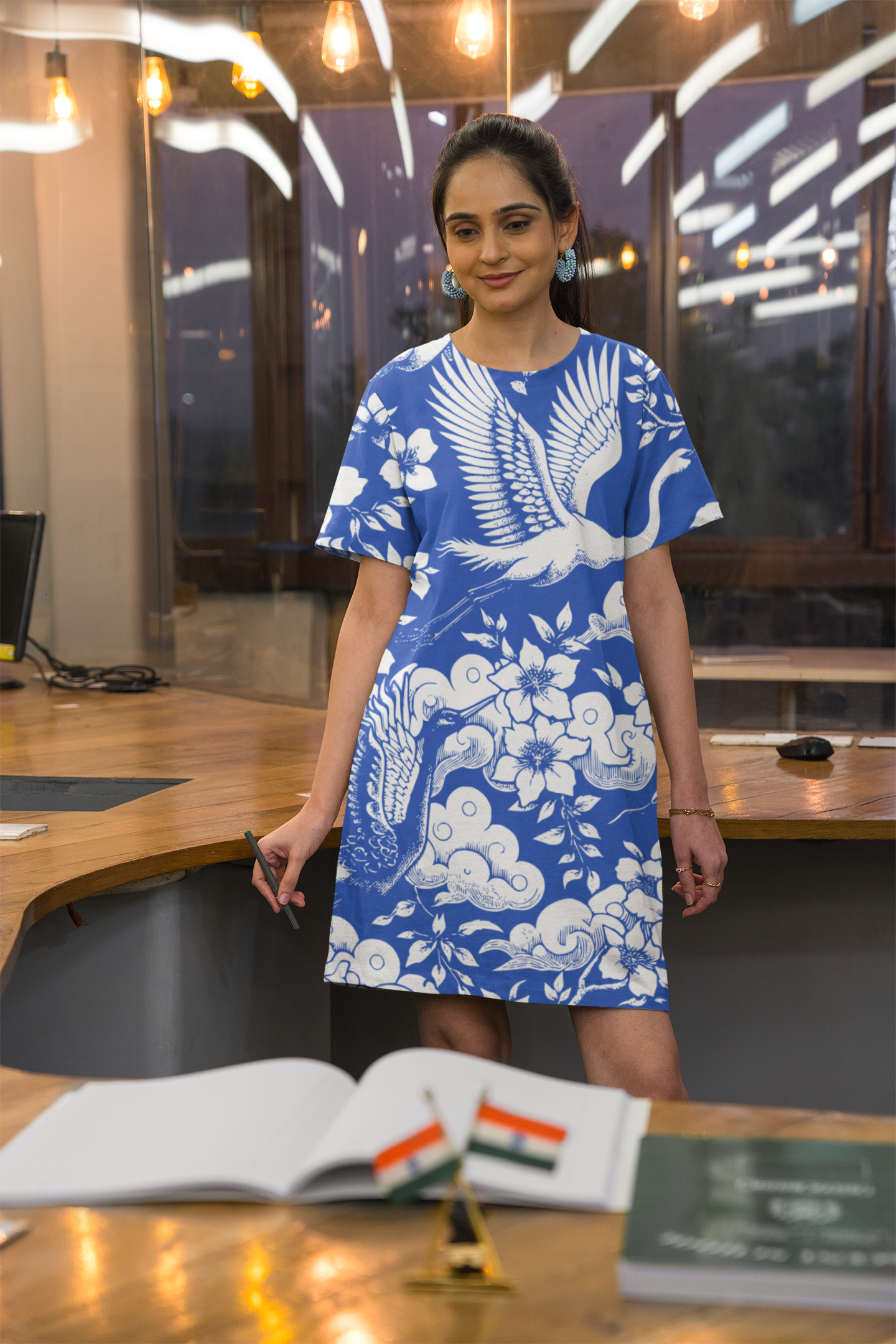 Elegant Floral Crane T-Shirt Dress | Boho Fashion, Casual Wear, Summer Dress, Beach Outfit, Gift for Her