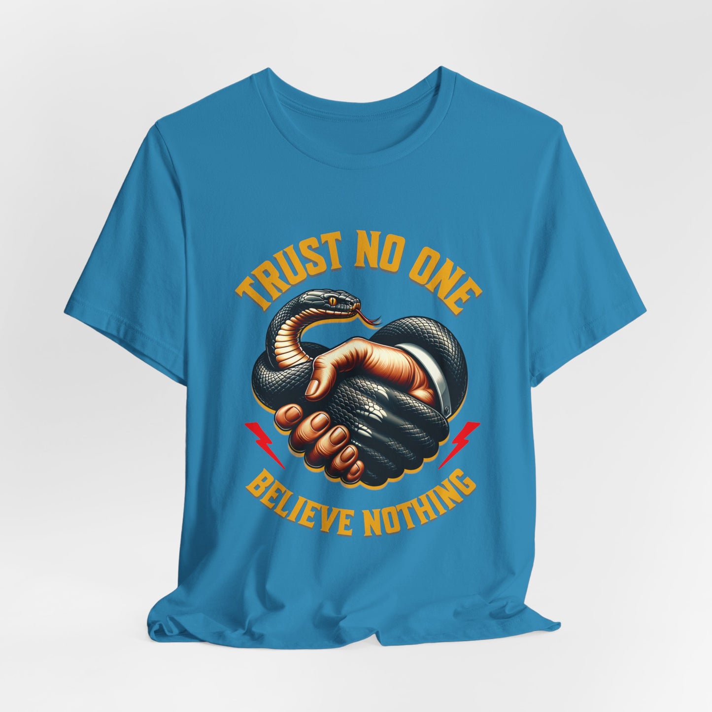 Trust No One, Bold Snake Handshake Design, Unisex Democracy T-Shirts, Goth Snake Image Shirt, Snake Image Shirt for Snake Lovers