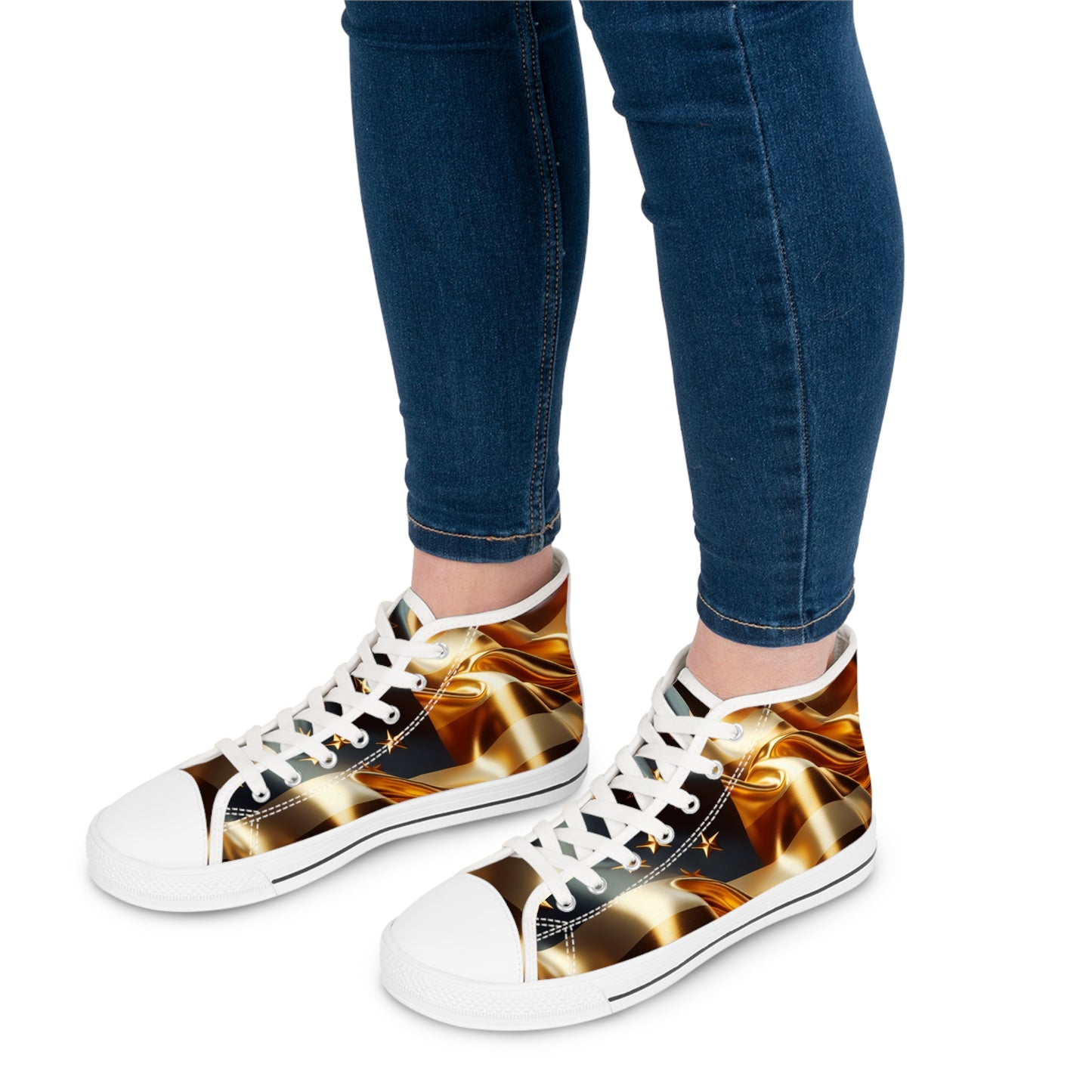 Patriotic High-Top Sneakers, Stylish Sneakers for Women, Gold Americana Footwear, Women Festival Shoes, Perfect for Summer Events