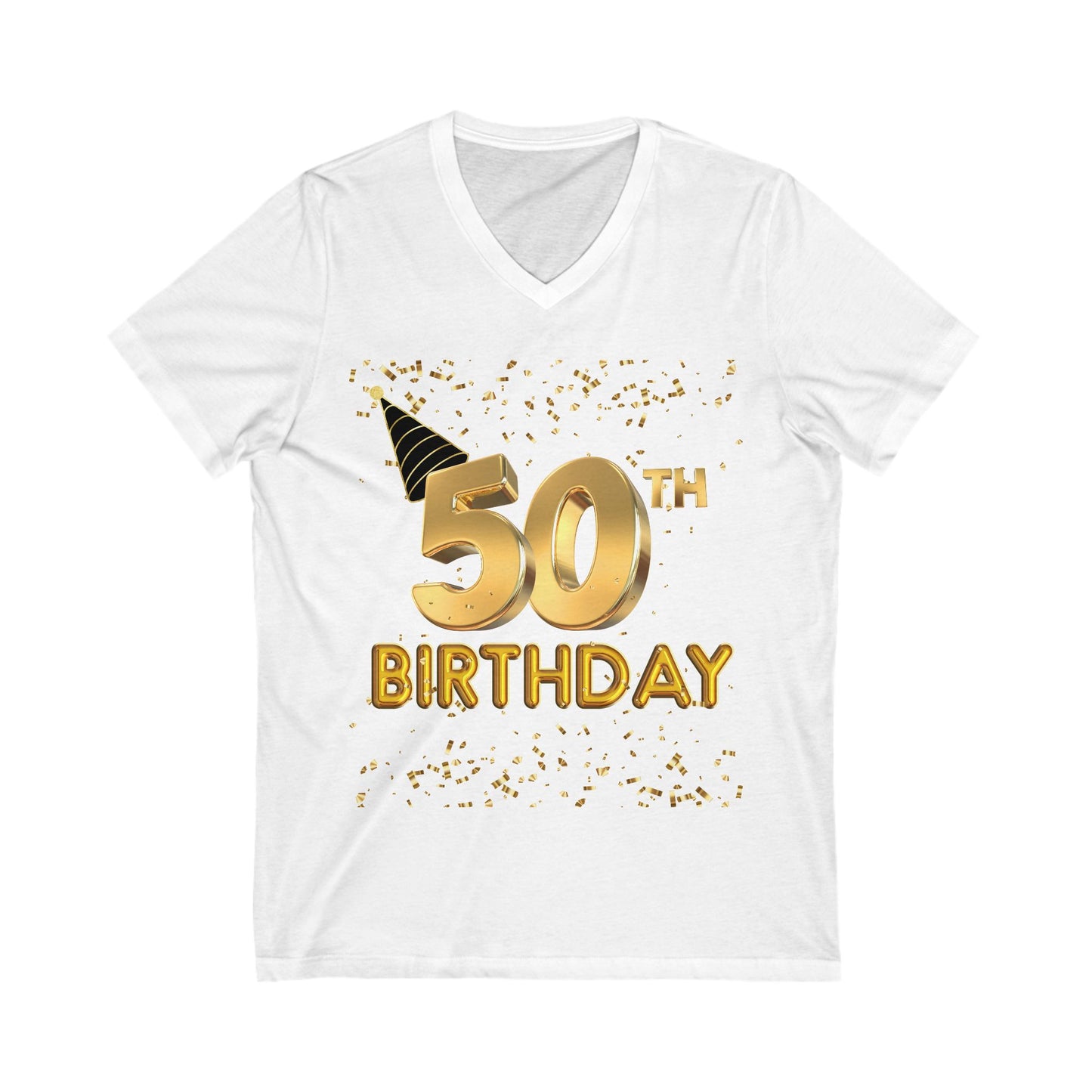 Women 50th Birthday Jersey Short Sleeve V-Neck Tee, Women 50th Birthday Shirt, Gold and Black 50th Birthday T-Shirt