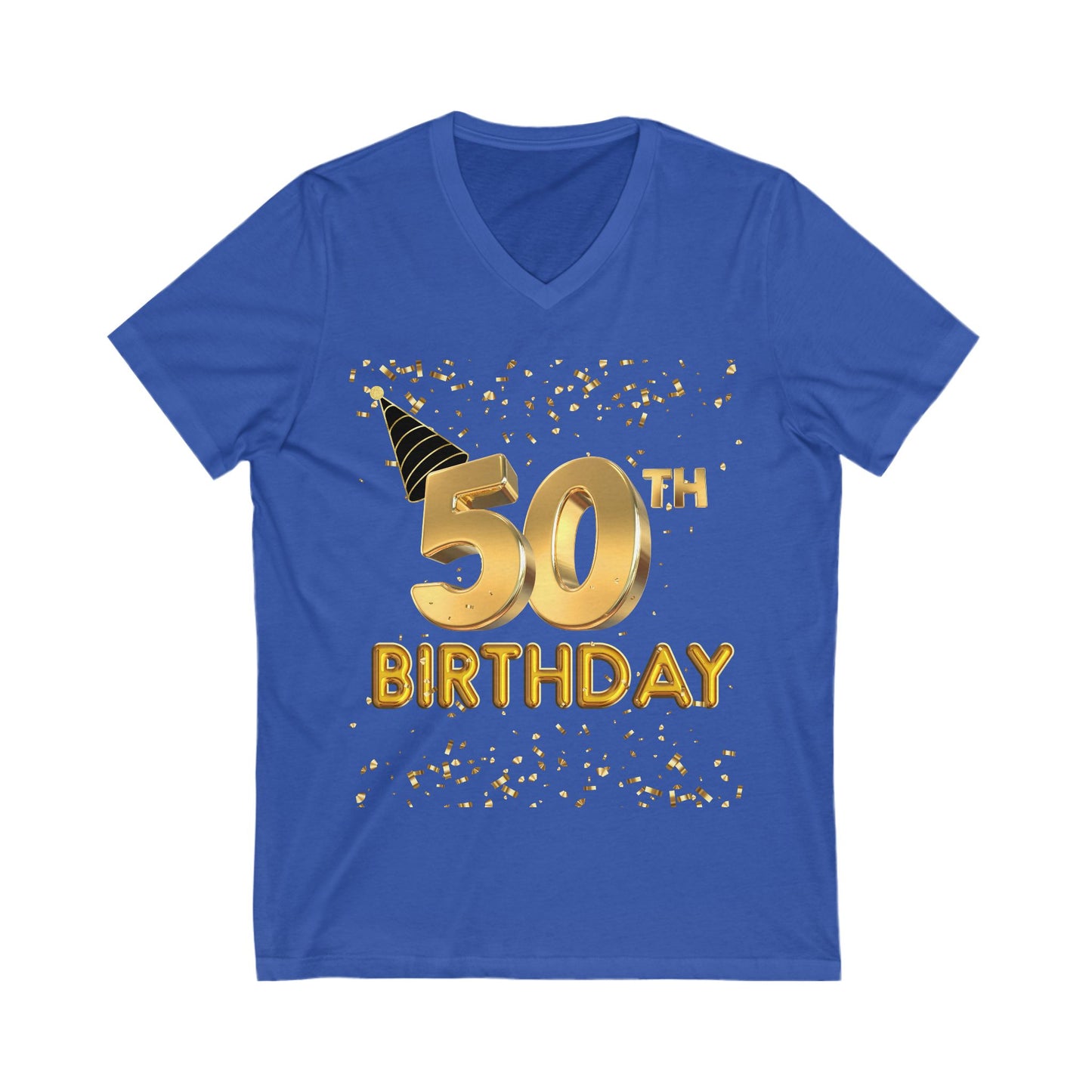 Women 50th Birthday Jersey Short Sleeve V-Neck Tee, Women 50th Birthday Shirt, Gold and Black 50th Birthday T-Shirt